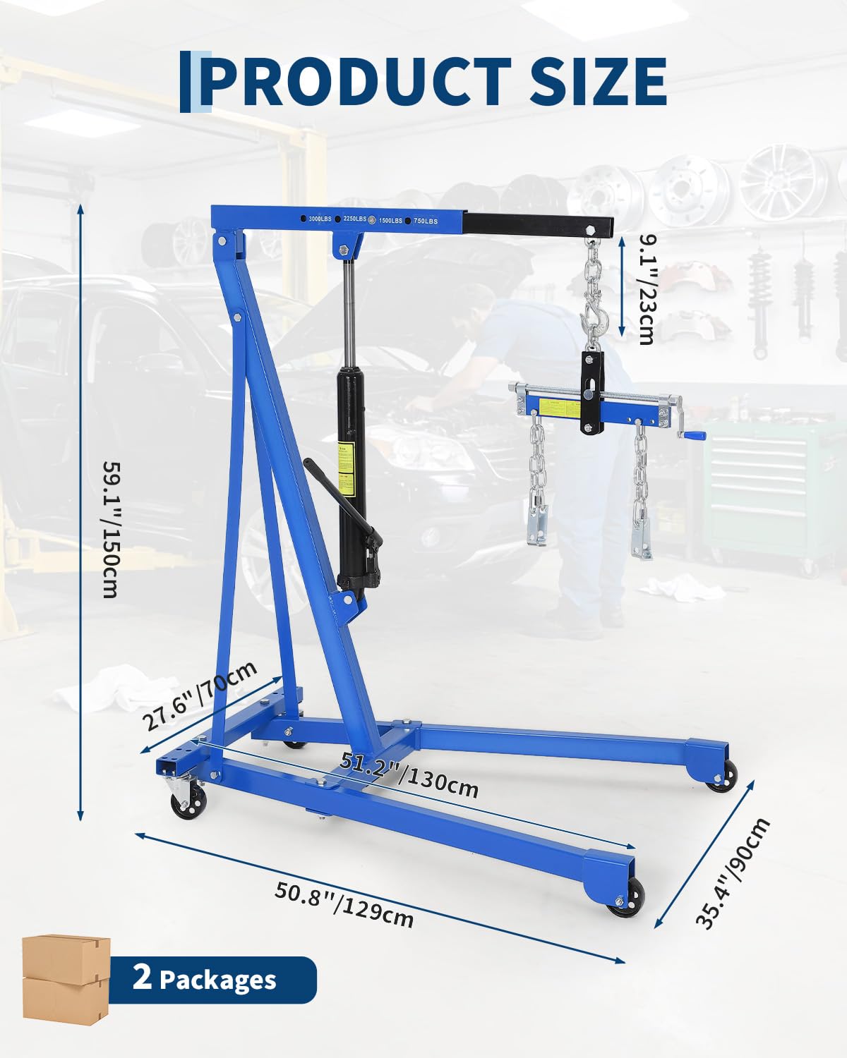 Garvee 3000 LBS Hydraulic Engine Hoist with Lever, 1.5-Ton Telescoping Boom Shop Crane with 4 Heavy-Duty Casters, Garage & Warehouse Cherry Picker for Automotive, Machinery, and Equipment Lifting, Blue