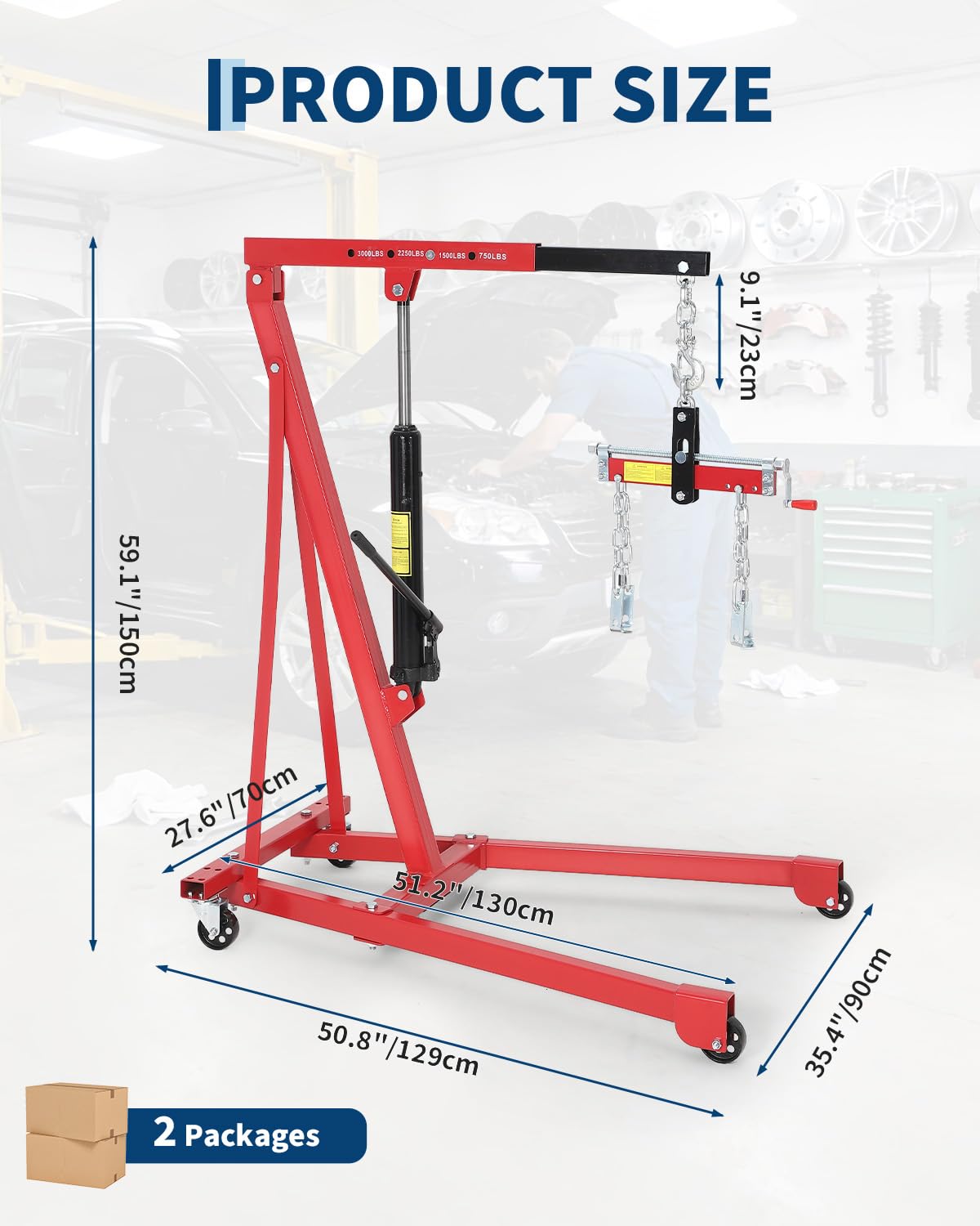 Garvee Portable Hydraulic Engine Hoist, 1.5 Ton (3000 LBS) Capacity Shop Crane with Telescopic Boom & 4 Swivel Casters, Cherry Picker Lift for Home Garage, Auto Repair, and Warehouse Use, Heavy-Duty, Red