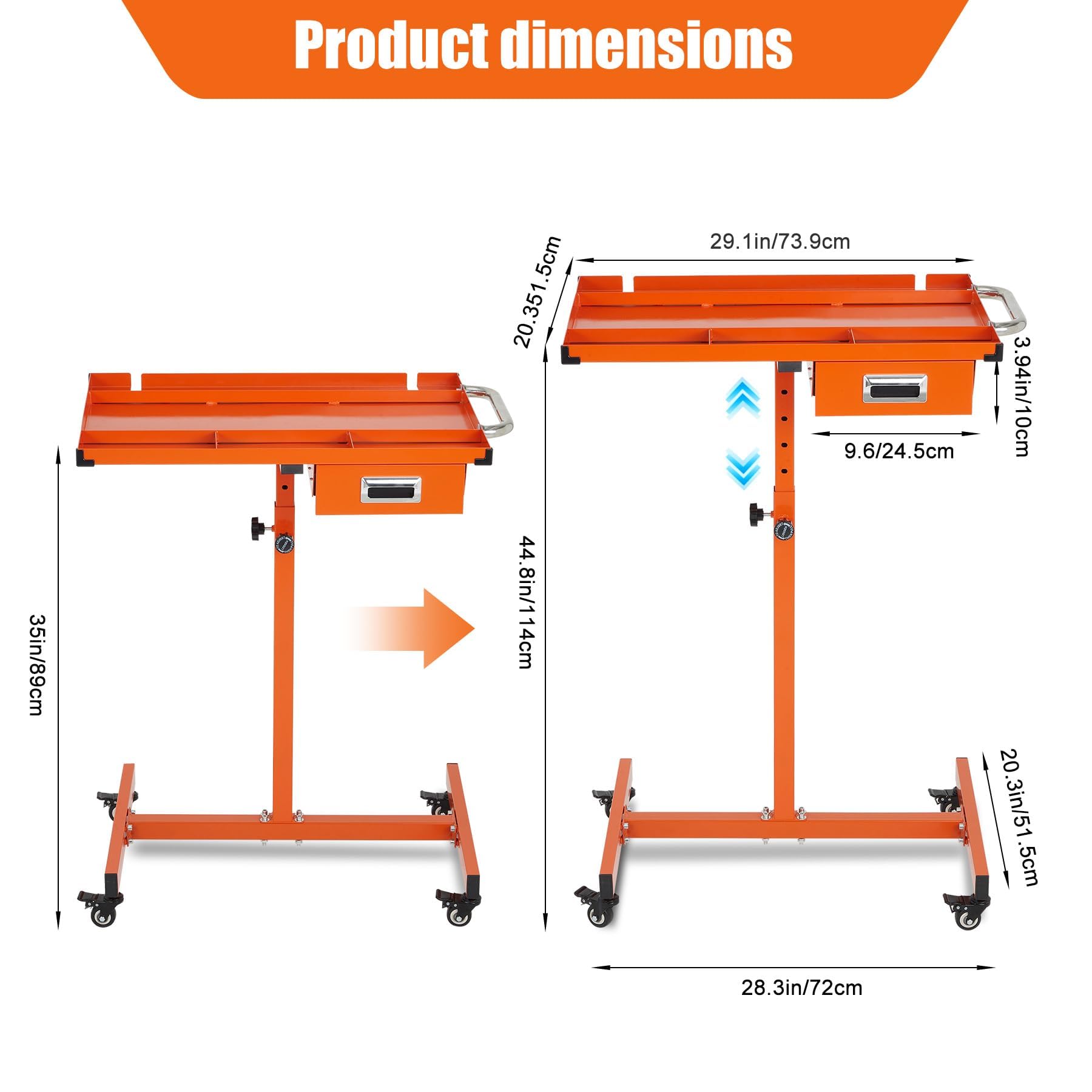 Garvee Heavy Duty Rolling Work Table, Adjustable Height Mobile Workbench, 35-45 Inch Steel Frame, for Garage, Repair Shops & DIY, Orange