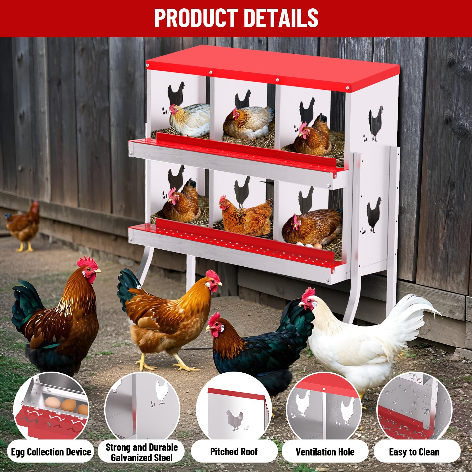 Garvee 6 Compartments Metal Chicken Nesting Boxes, Nesting Boxes with Metal Legs, Chicken Laying Box with Roll Out Egg Collection with Vented Holes