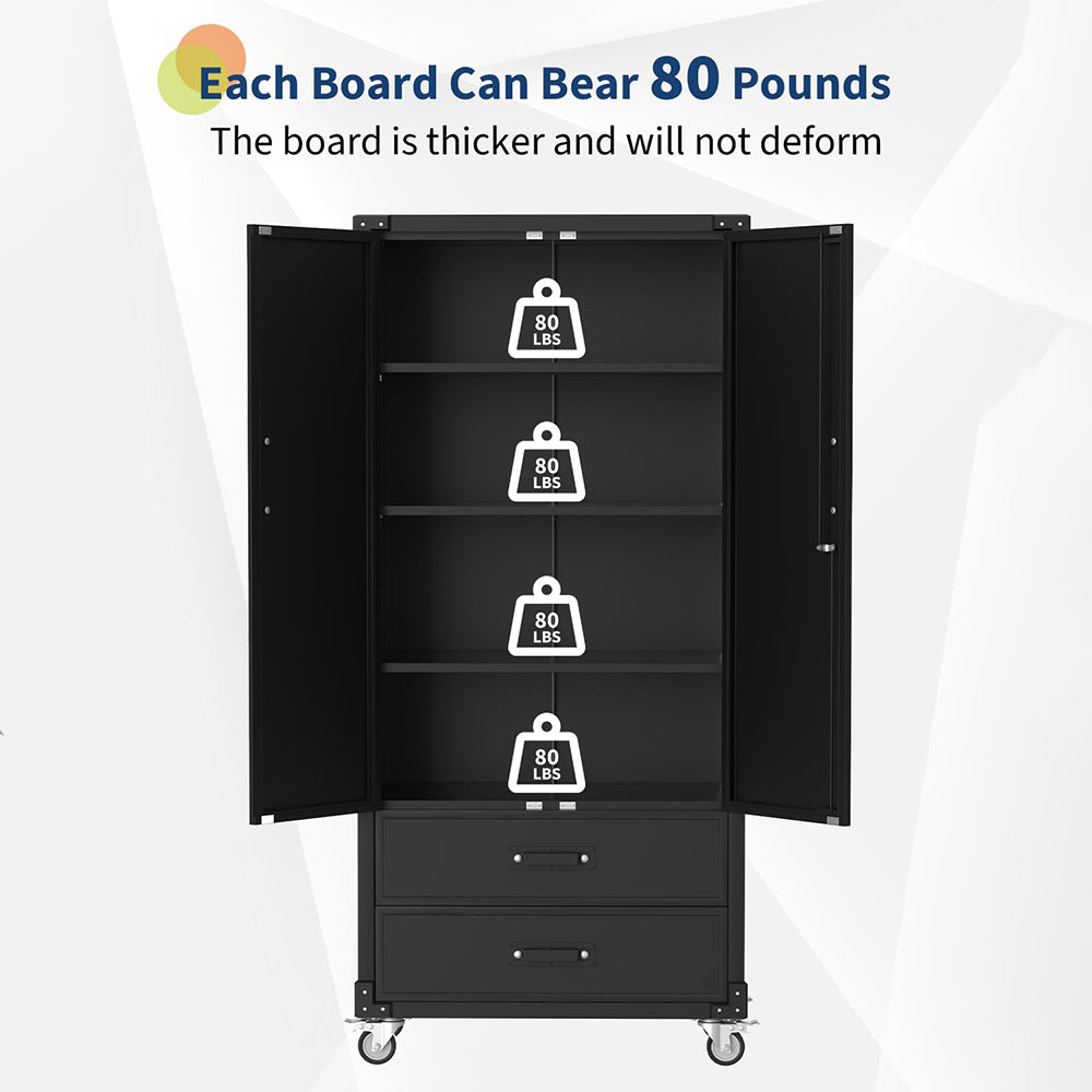 Garvee 72" Metal Storage Cabinet - Rolling Garage Cabinet with Locking Doors, 2 Drawers, 3 Adjustable Shelves, 0.6mm Cold-Rolled Steel, Lockable Wheels, Mobile Design for Garage and Office, Black