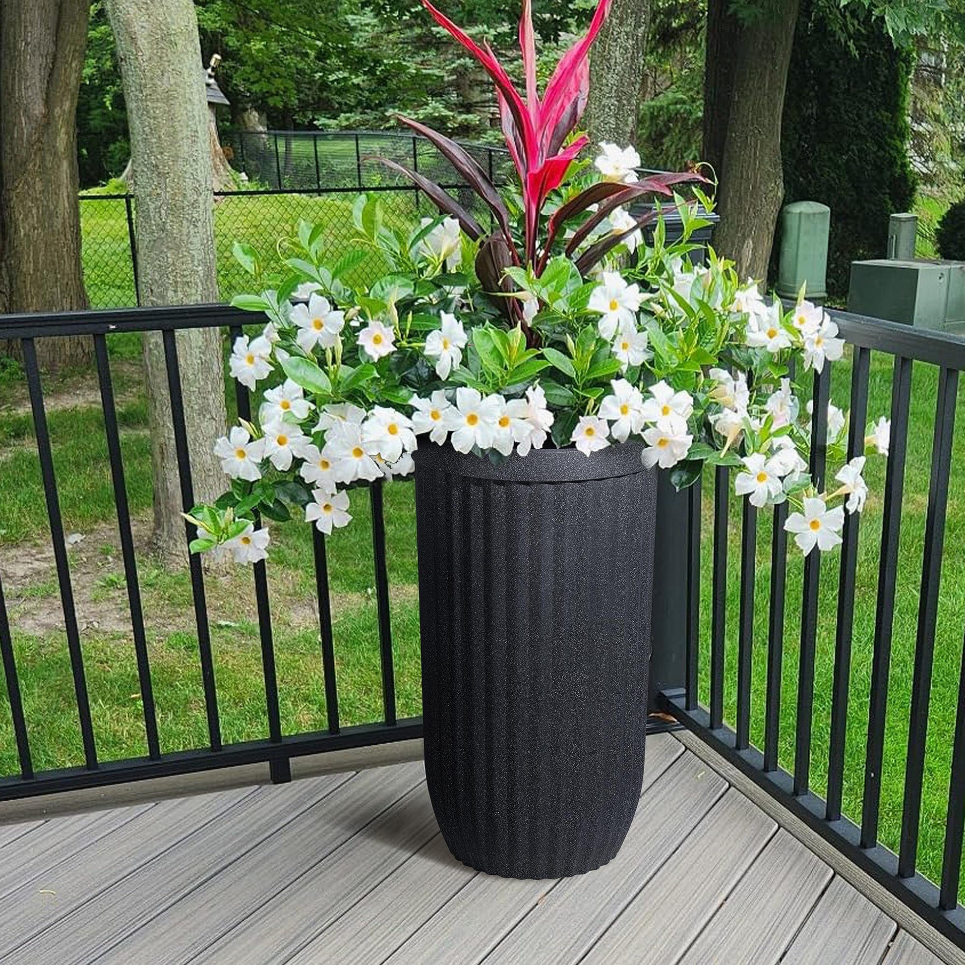 water saver planter pots Garvee 31" Tall Black Planter with Water Level Monitor, Self-Watering System & Wheels