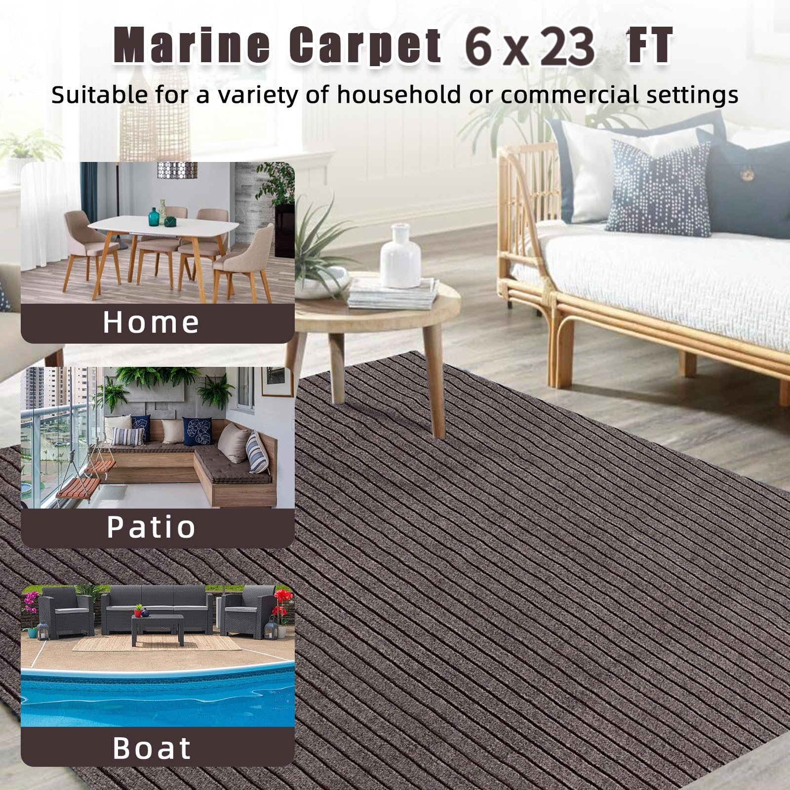 Garvee 6FT x 23FT Stripe Brown Marine Carpet, Waterproof Indoor/Outdoor Rug with TPR Non-Slip Backing for Boat, Patio Deck, Camping, and Outdoor Use