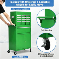 Garvee 20 Inch Heavy-Duty Tool Chest with 5 Drawers, Rolling Tool Box Cabinet on Wheels, 2-in-1 Detachable Tool Storage Organizer for Garage, Workshop, and Home Improvement, Locking Steel Tool Cart with Top Tool Box, Green