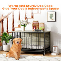 Garvee Dog Crate Furniture, 38.6" Dog Kennel Indoor Double Doors Wooden Dog Cage Crate with Pull-Out Tray & Removable Wheels, Decorative End Table Pet House Chew-Resistant for Large Dog, Grey