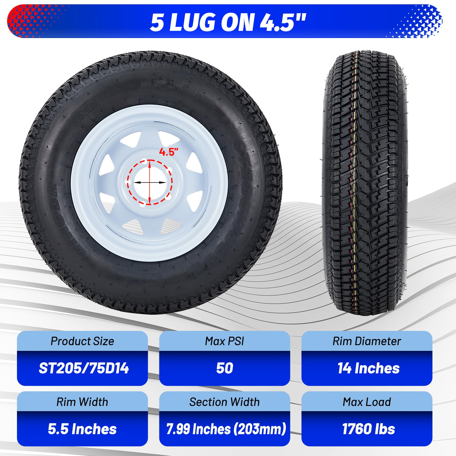Garvee Set of 4 ST205/75D14 Trailer Tires with 14'' Rims, 5 Lug 4.5'', Load Range C, 6PR, White, Durable All-Season