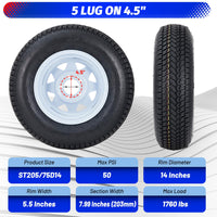 Garvee Set of 4 ST205/75D14 Trailer Tires with 14'' Rims, 5 Lug 4.5'', Load Range C, 6PR, White, Durable All-Season