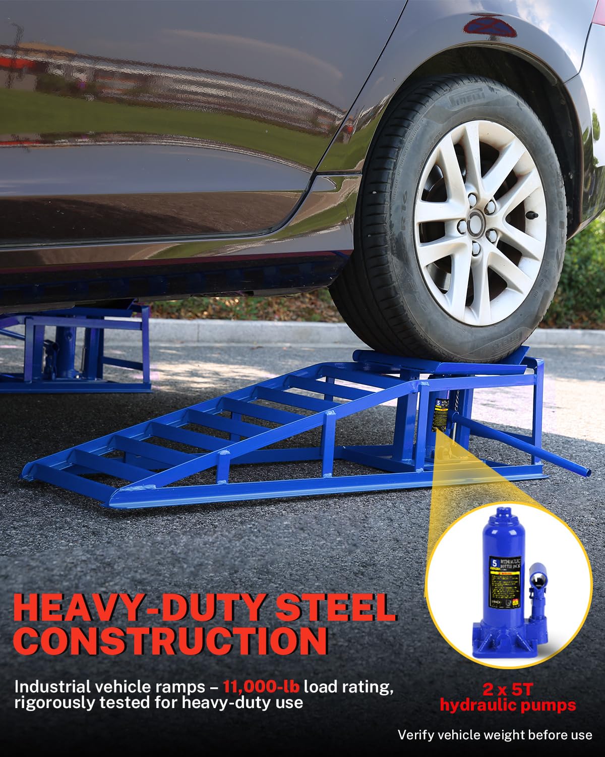 Garvee Hydraulic Car Ramps - 5T/11,000 lbs Heavy-Duty Steel, Adjustable Height 9.3"-14", Low-Profile, Anti-Slip Design for Garage Repair, 2 Pack, Blue