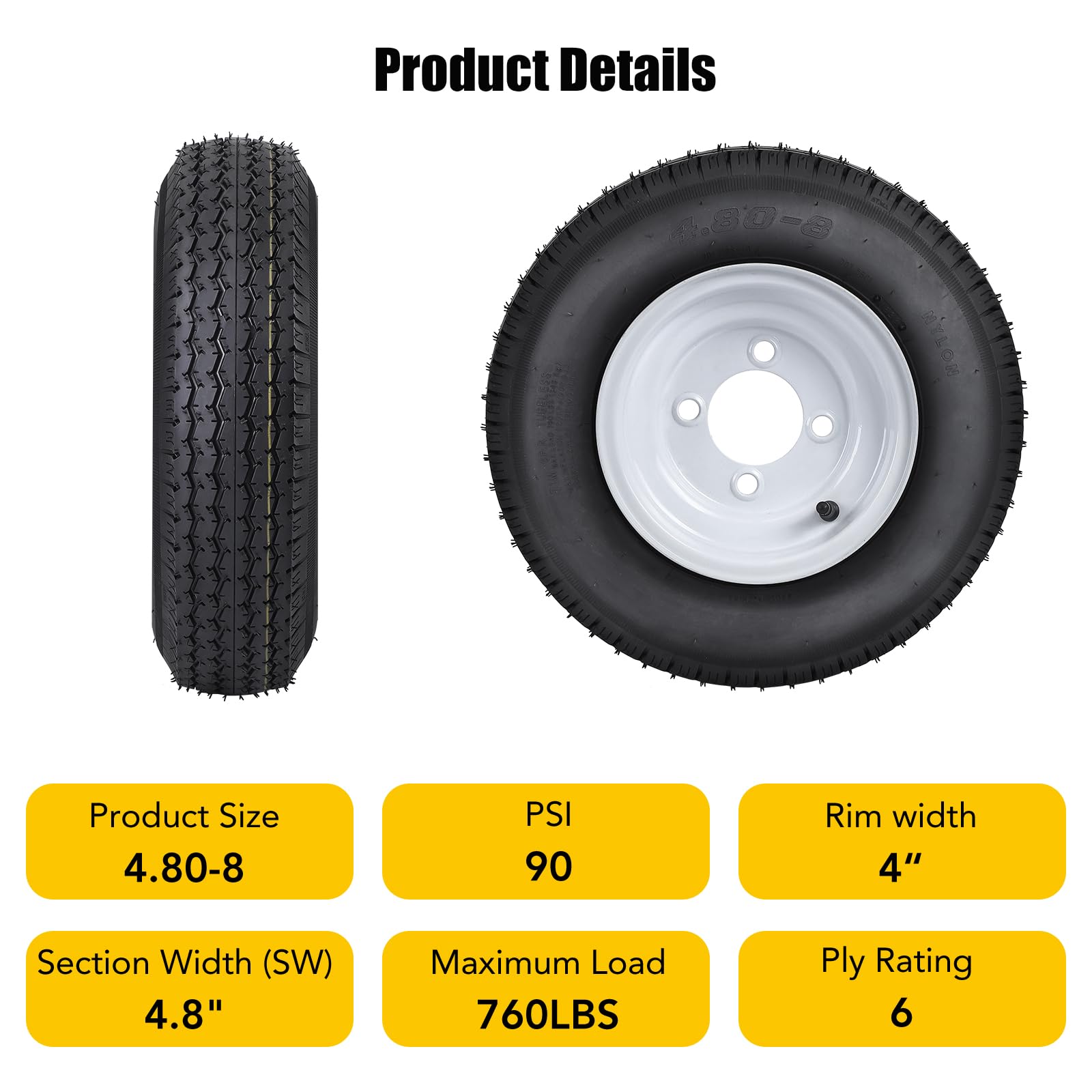 Garvee 4.80-8 Trailer Tires, 2 Pack, Load Range C 6PLY, 8"x3.75" Rims 4 Lug on 4", Max Load 745 LBS @ 90 PSI, Durable All-Purpose Design for Utility, Cargo & Boat Trailers