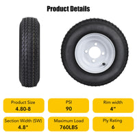 Garvee 4.80-8 Trailer Tires, 2 Pack, Load Range C 6PLY, 8"x3.75" Rims 4 Lug on 4", Max Load 745 LBS @ 90 PSI, Durable All-Purpose Design for Utility, Cargo & Boat Trailers