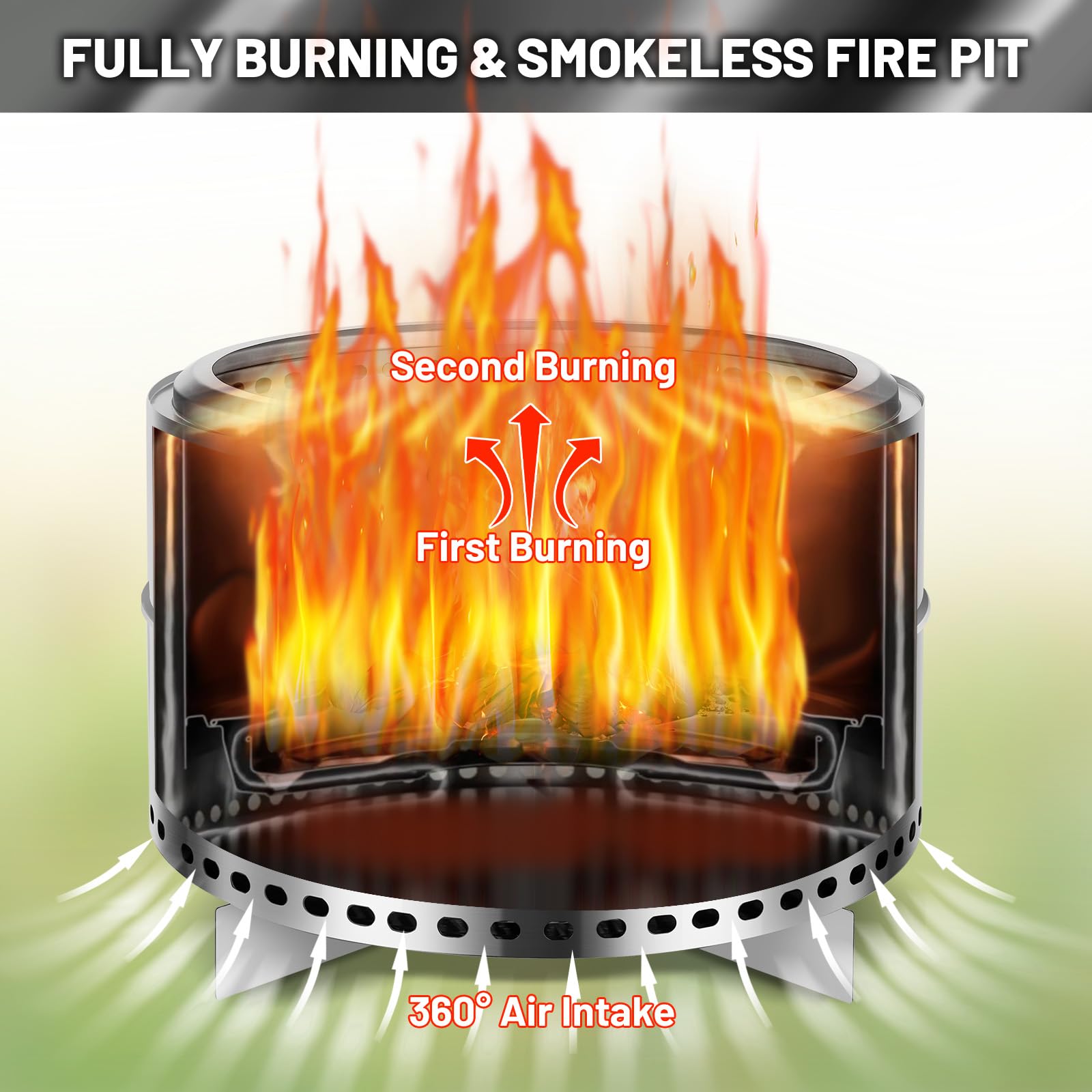 Garvee 27" Portable Smokeless Firepit with Stand - Stainless Steel Wood Burning Bonfire Fire Pit for Camping & Picnic, Large with Carry Bag & Split Structure