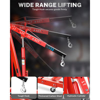 Garvee 2-Ton Hydraulic Engine Hoist Crane with 6-Wheel Stability, Folding Design, Military-Grade Steel, Locking Brakes, Adjustable Boom - Garage & Workshop, Red