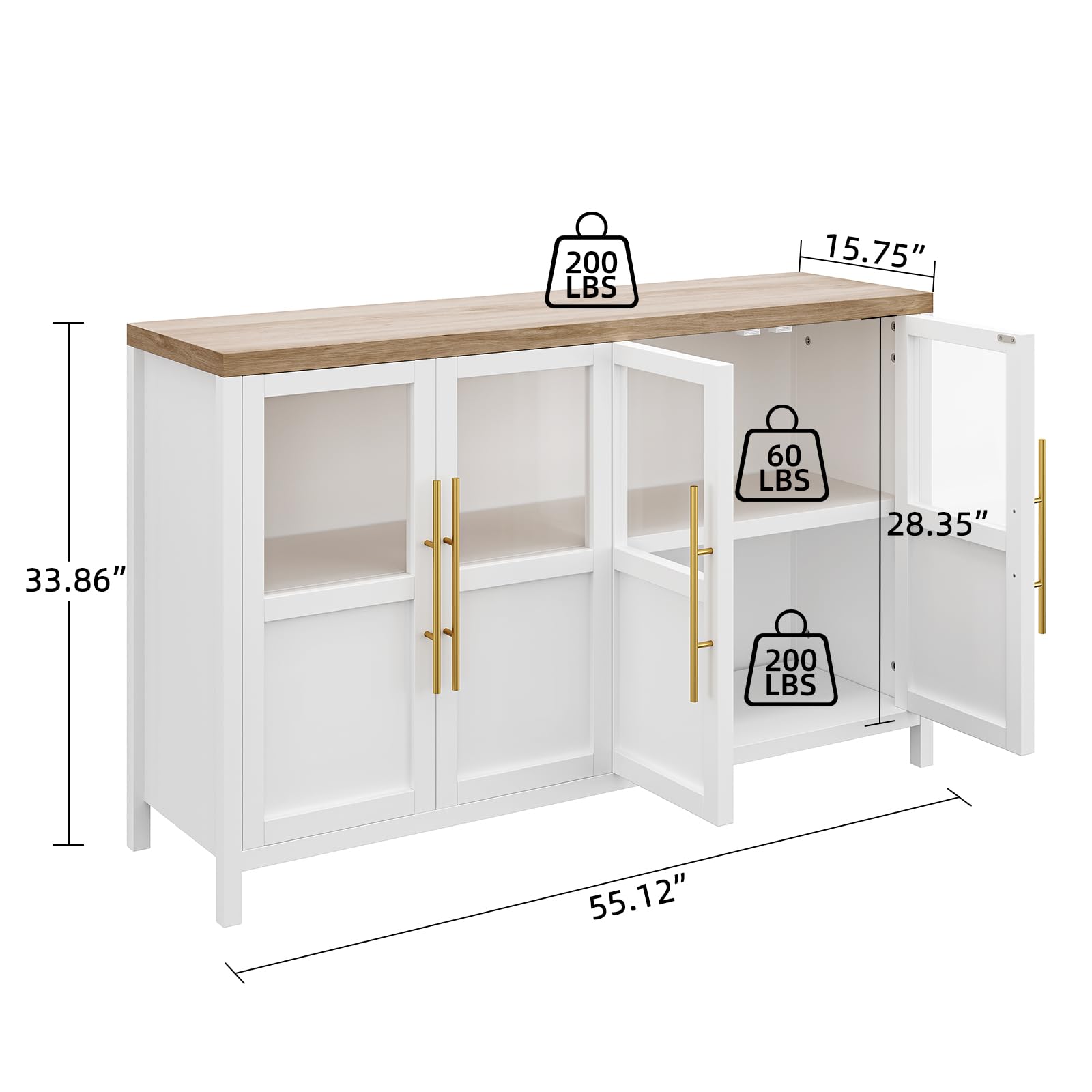 Garvee Sideboard Buffet Cabinet with 4 Glass Doors, 55" Large Buffet Cabinet with Storage, Modern Farmhouse Storage Cabinet Table for Kitchen Dining Room, Living Room , White