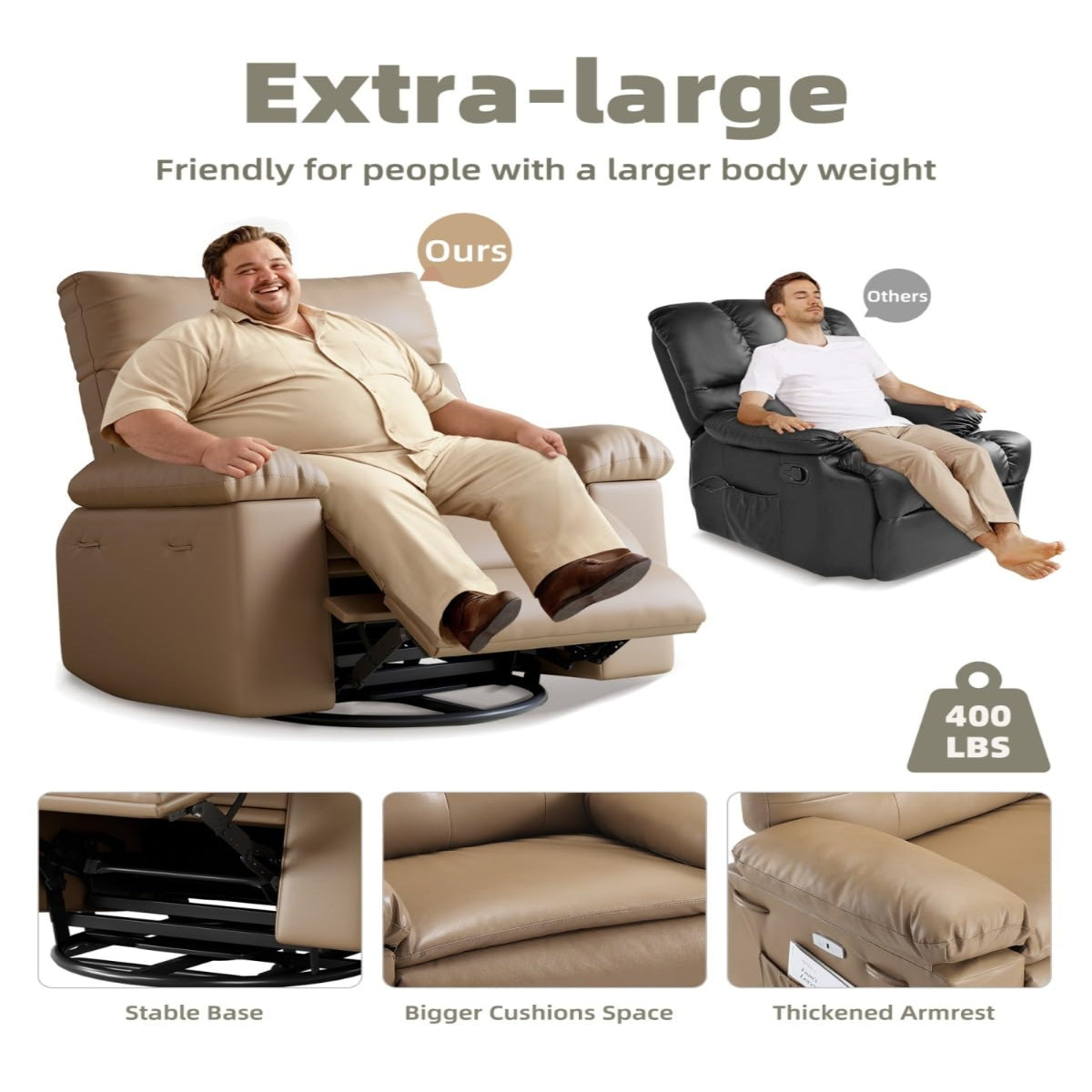 Recliner chair with beige leather upholstery, featuring a sturdy base, wide cushions, and a reclining mechanism, suitable for large users.