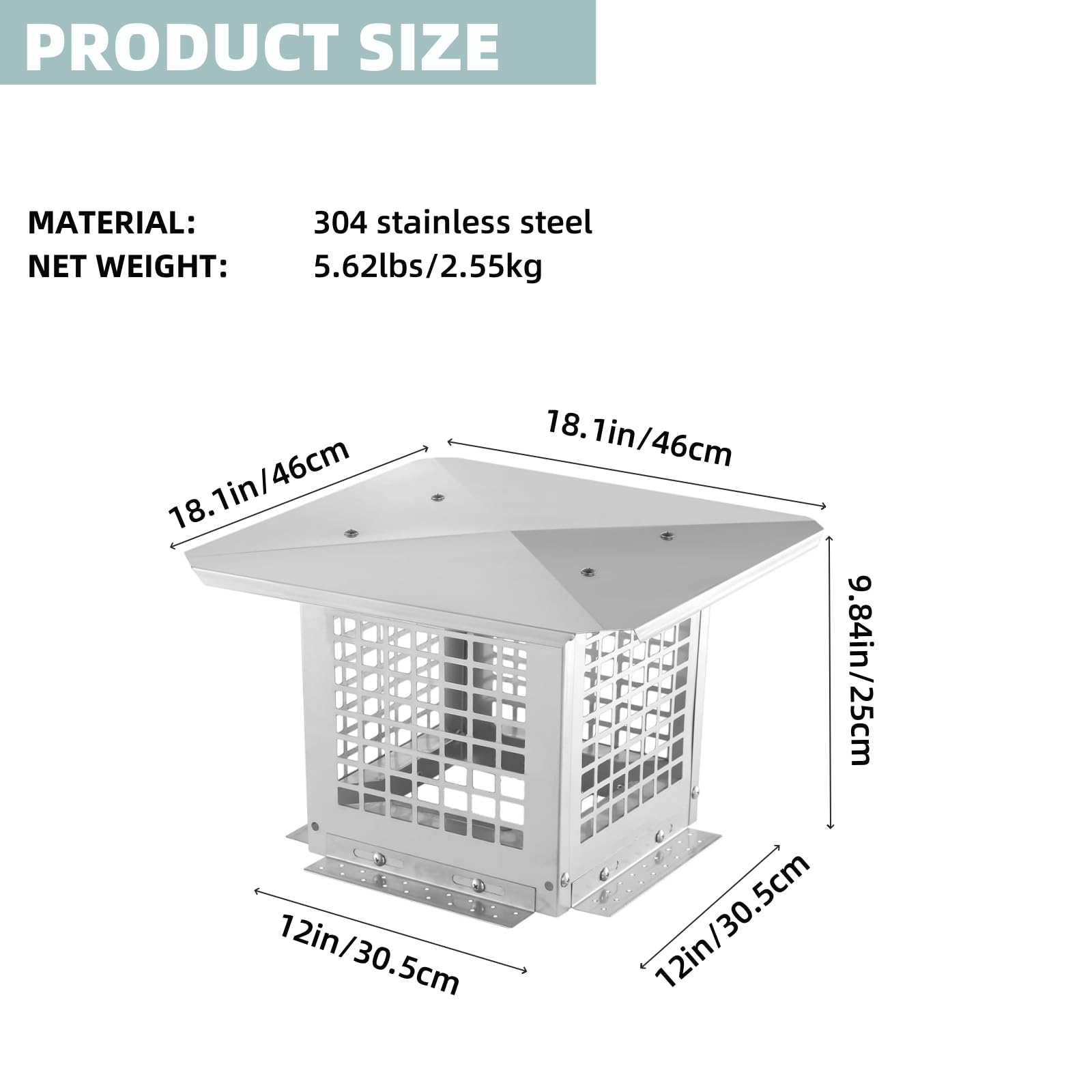 Garvee Chimney Cap, 12x12 Inches Square Chimney Cover, Stainless Steel Fireplace Chimney Caps with Adjustable Bottom, Mesh Covers for Outside Existing Clay Flue, Silver