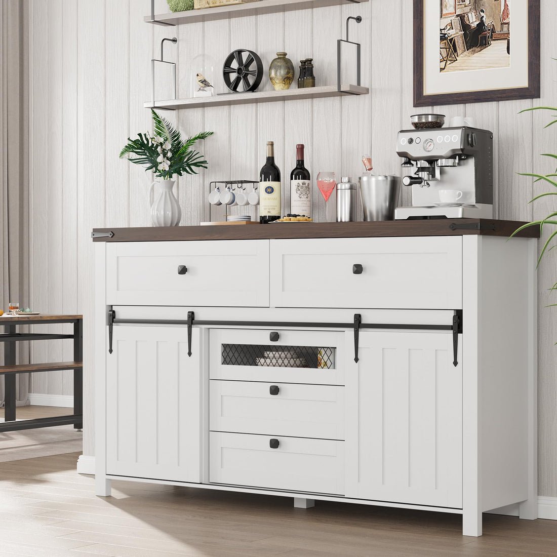 Garvee Farmhouse Buffet Cabinet, Kitchen Sideboard with Sliding Barn Doors, 5 Drawers, Wooden Storage Cabinet, Coffee Bar Station for Kitchen, Living Room, Dining Room, White