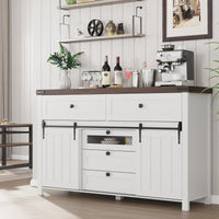 Garvee Farmhouse Buffet Cabinet, Kitchen Sideboard with Sliding Barn Doors, 5 Drawers, Wooden Storage Cabinet, Coffee Bar Station for Kitchen, Living Room, Dining Room, White