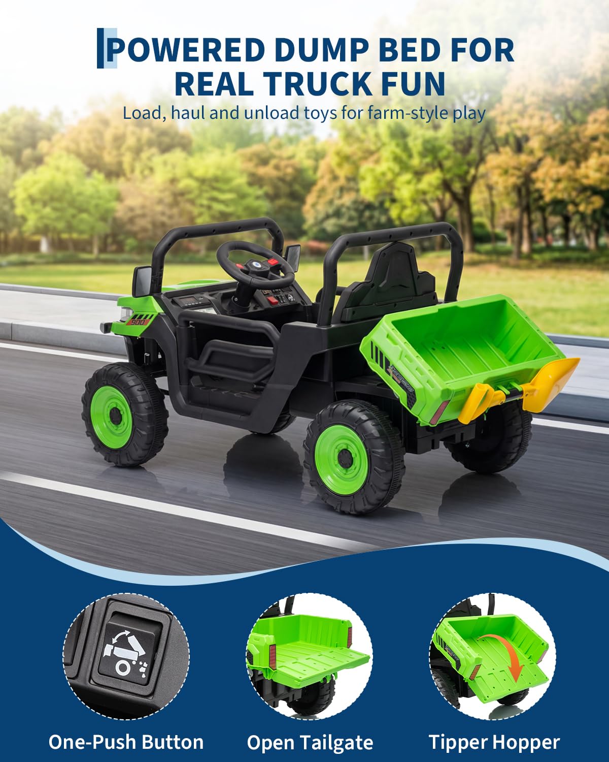 Garvee 12V Kids Ride on Dump Truck with Parent Remote Control, Single Seater Electric Farm Truck for Kids, Powered Dump Bed, Double Opening Doors, Suspension, LED Lights, MP3 & Horn,Green