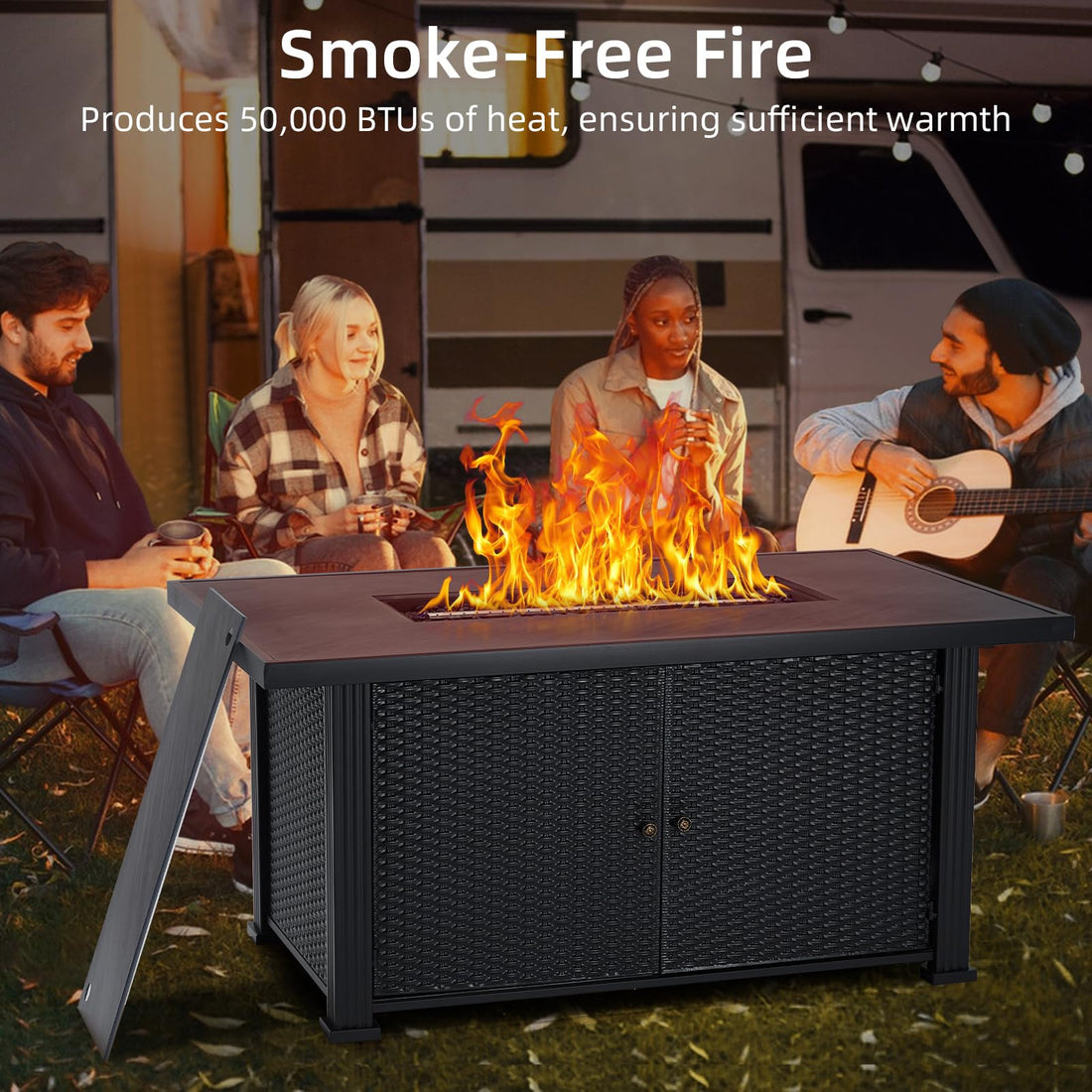 Garvee 57 Inch Gas Fire Pit Table, 50,000 Btu Outdoor Propane Fire Pit with Lid, Rain Cover, Volcanic Rocks, Rectangular Fire Table for Outside Garden, Patio, Yard, Metal Fence Surface