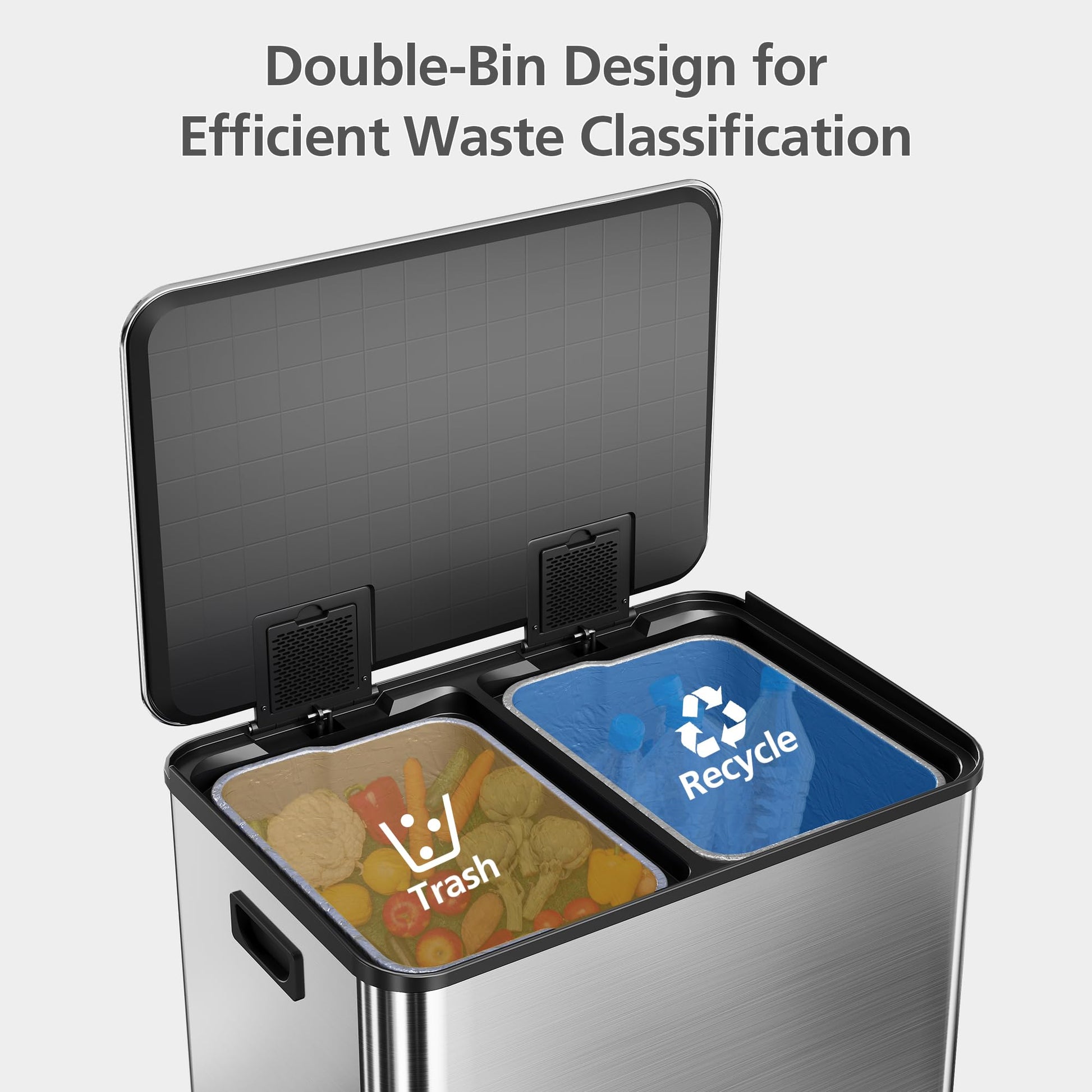 Garvee 60L/16 Gal Hands-Free Kitchen Trash Can, 2×8 Gal Pedal Trash Bin with Removable Baskets, Stainless Steel Garbage Can for Restaurant School Hospital Office