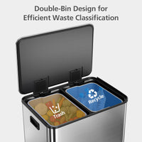 Garvee 60L/16 Gal Hands-Free Kitchen Trash Can, 2×8 Gal Pedal Trash Bin with Removable Baskets, Stainless Steel Garbage Can for Restaurant School Hospital Office