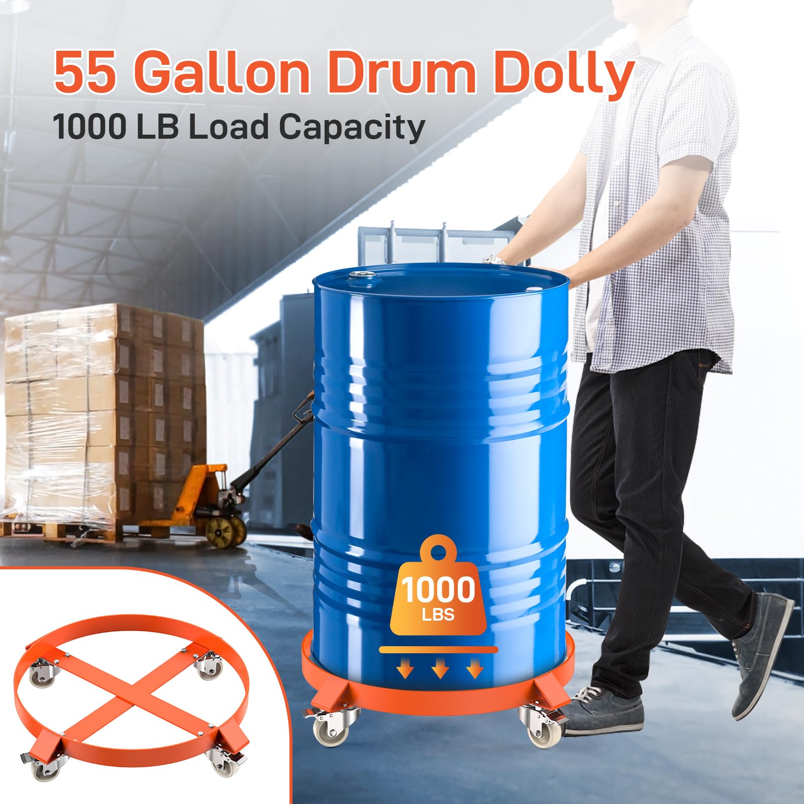 Garvee Two-Piece 55 Gallon Drum Dolly, Heavy Duty Barrel Dolly with 4 Caster Wheels, 1000 LBS Capacity Trash Can Dolly Non-tipping Hand, Orange Steel Frame Dolly