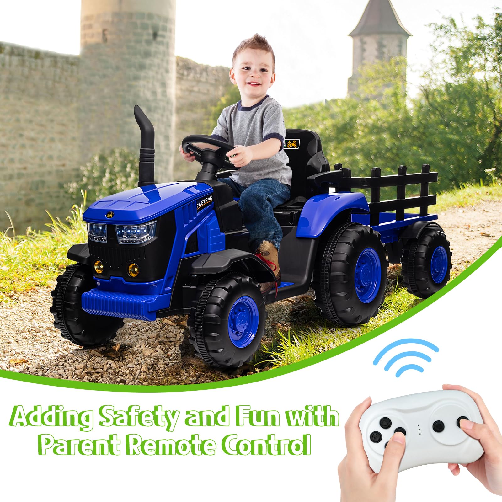 Garvee Ride - P Series: 12V Remote Control Tractor for Kids with 7-LED & Safety Belt - Blue