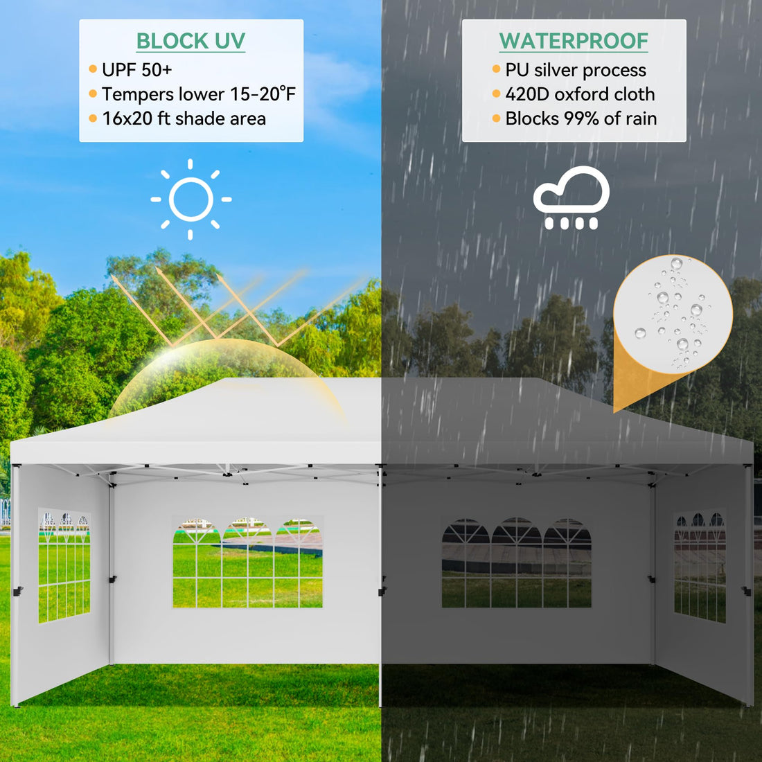 Garvee Upgraded 10x20ft Pop-Up Canopy Tent with 6 Removable Sidewalls - Heavy Duty Commercial Tent for Parties, Roller Bag, Sand Bags & Stakes, White