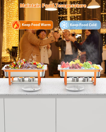 Garvee Chafing Dish for Buffet Set, 6 Packs 8 Qt Chafers and Buffet Warmers Sets with Folding Frame, Spoon & Tweezer for Weddings Parties Banquets Catering Events, Rose Gold