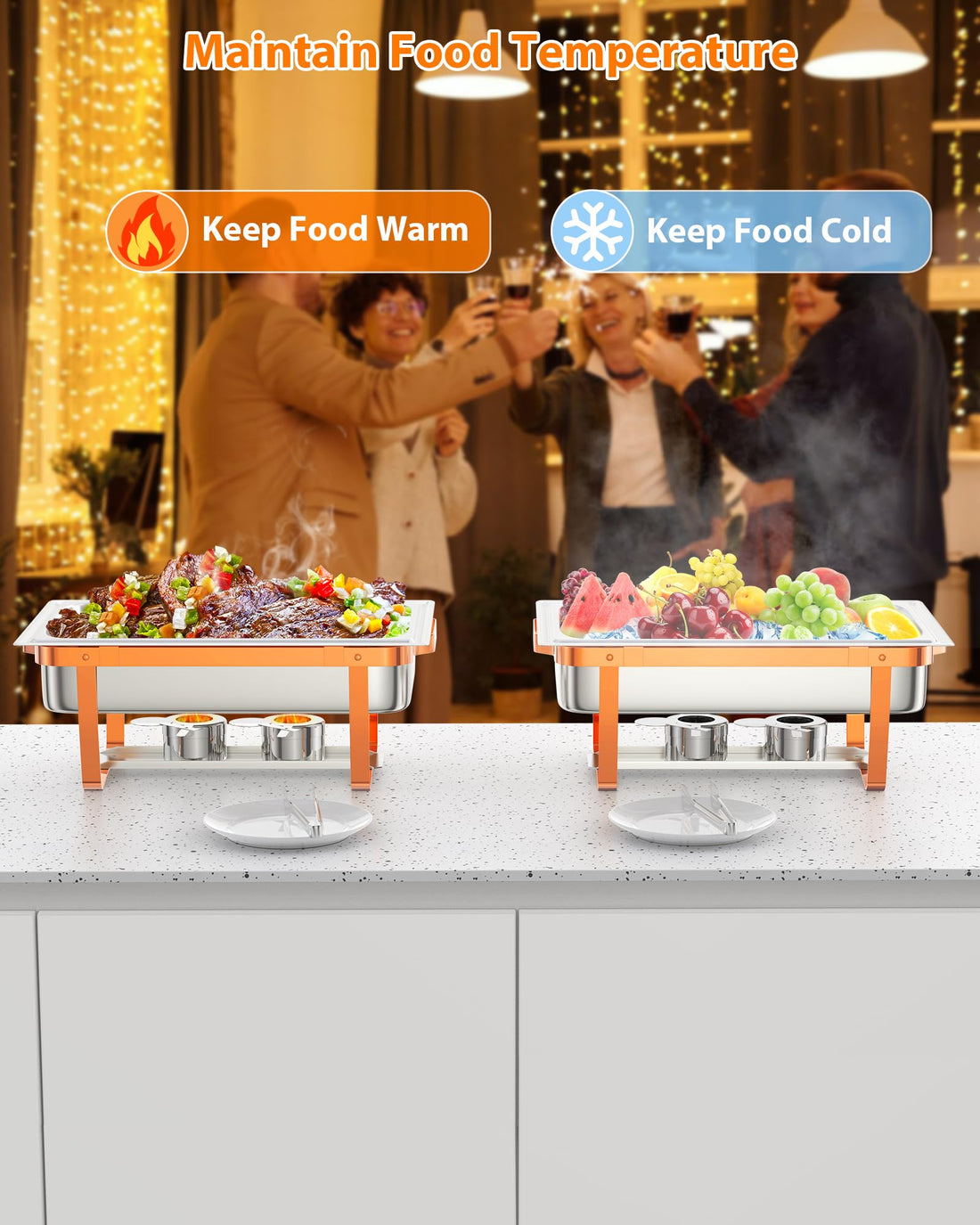 Garvee Chafing Dish for Buffet Set, 6 Packs 8 Qt Chafers and Buffet Warmers Sets with Folding Frame, Spoon & Tweezer for Weddings Parties Banquets Catering Events, Rose Gold