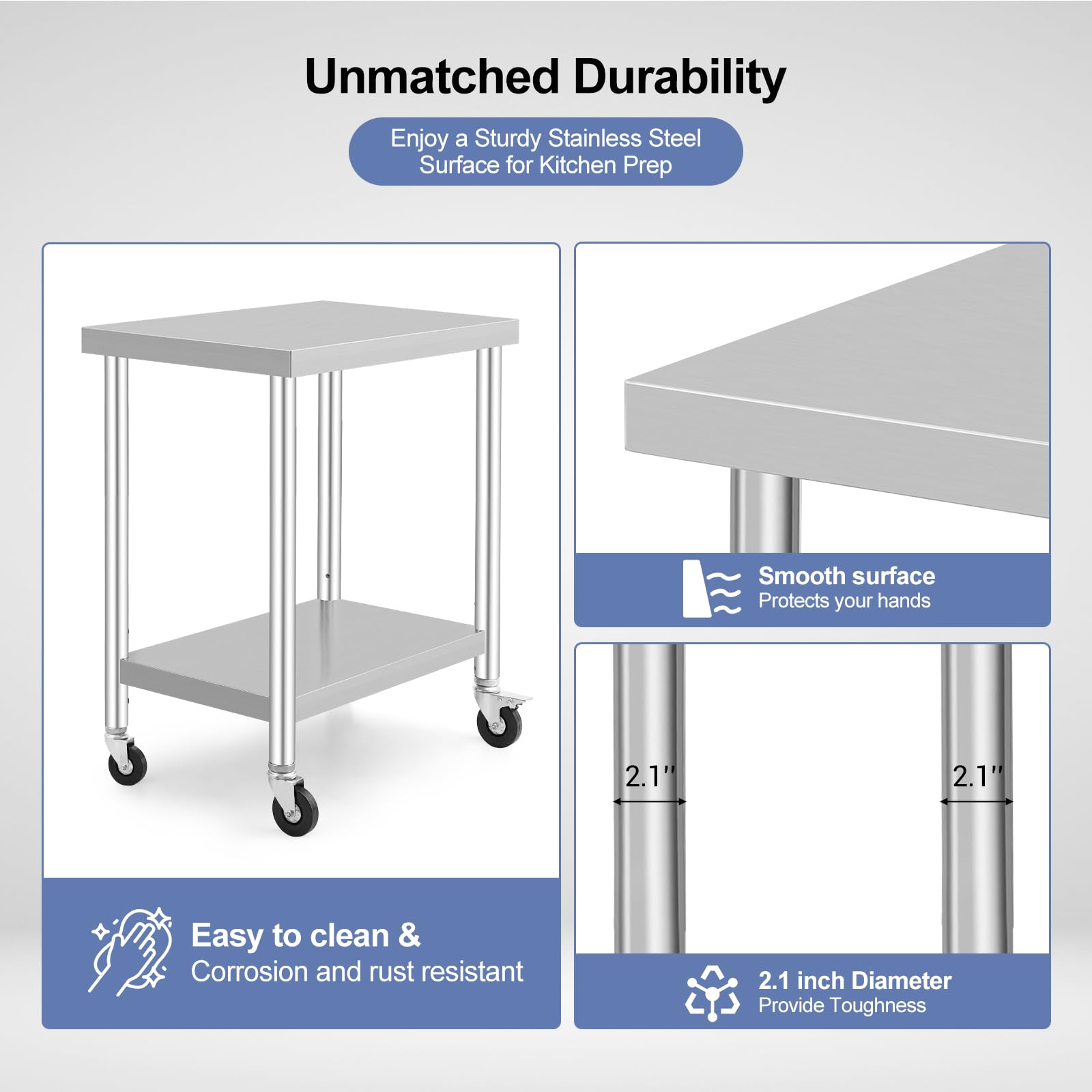 GARVEE 30"L x 18"W x 37"H Stainless Steel Work Table with Caster Wheels - Heavy-Duty Food Prep Table with Adjustable Undershelf for Kitchen, Laundry, and Hotel Use