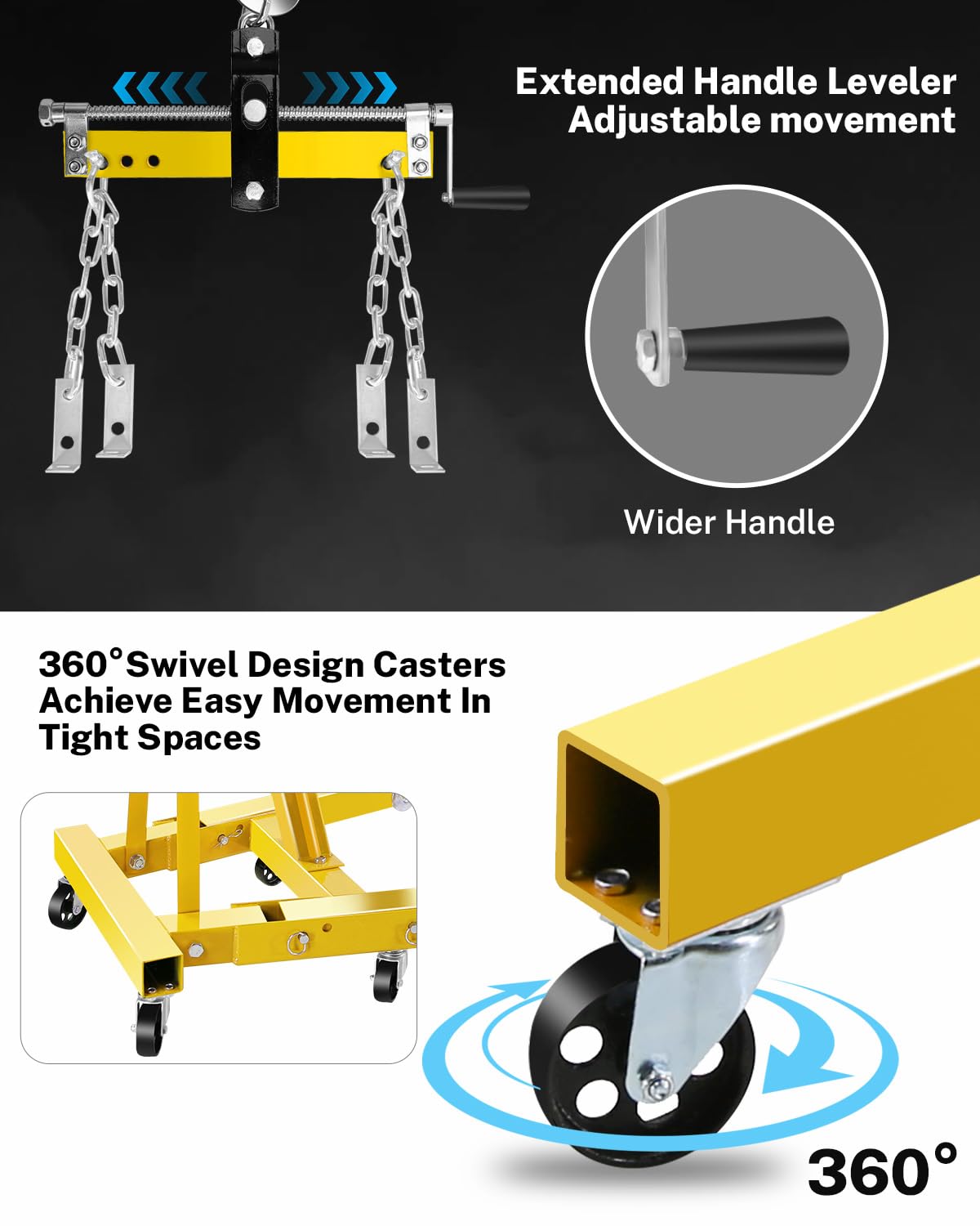 Garvee 2-Ton Hydraulic Engine Hoist Crane, 4400 lbs Folding Heavy-Duty Cherry Picker with Lever, 6 Locking Wheels, and 4 Boom Positions for Truck/SUV Engines, Garage, Workshop, and Industrial Lifting, Yellow