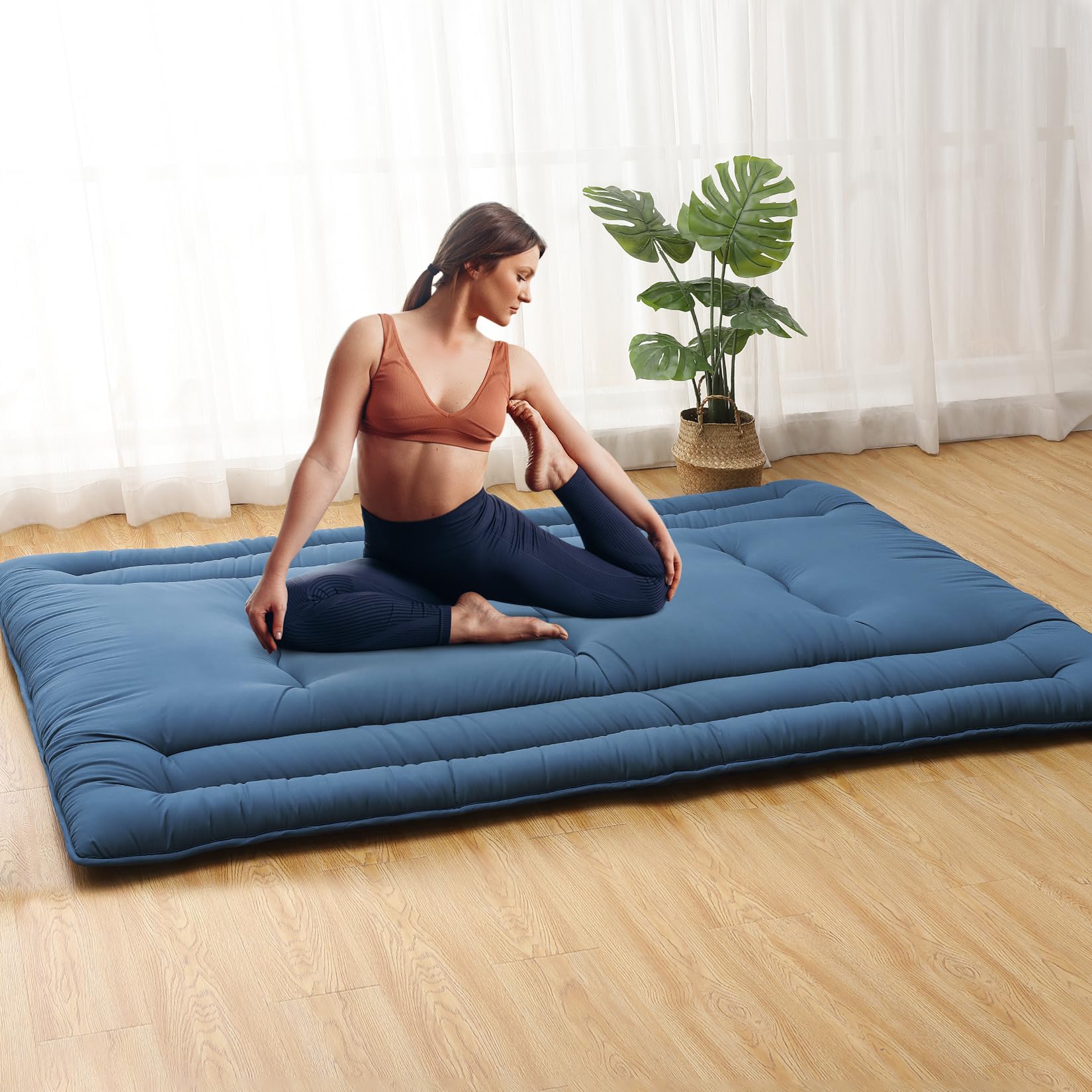 Garvee Futon Mattress Japanese Floor Mattress Full Size, Roll Up Sleeping Mattress for Floor, Japanese Style Floor Bed Foldable Floor Mattress Tatami Mat for Camping Travel, Navy Blue
