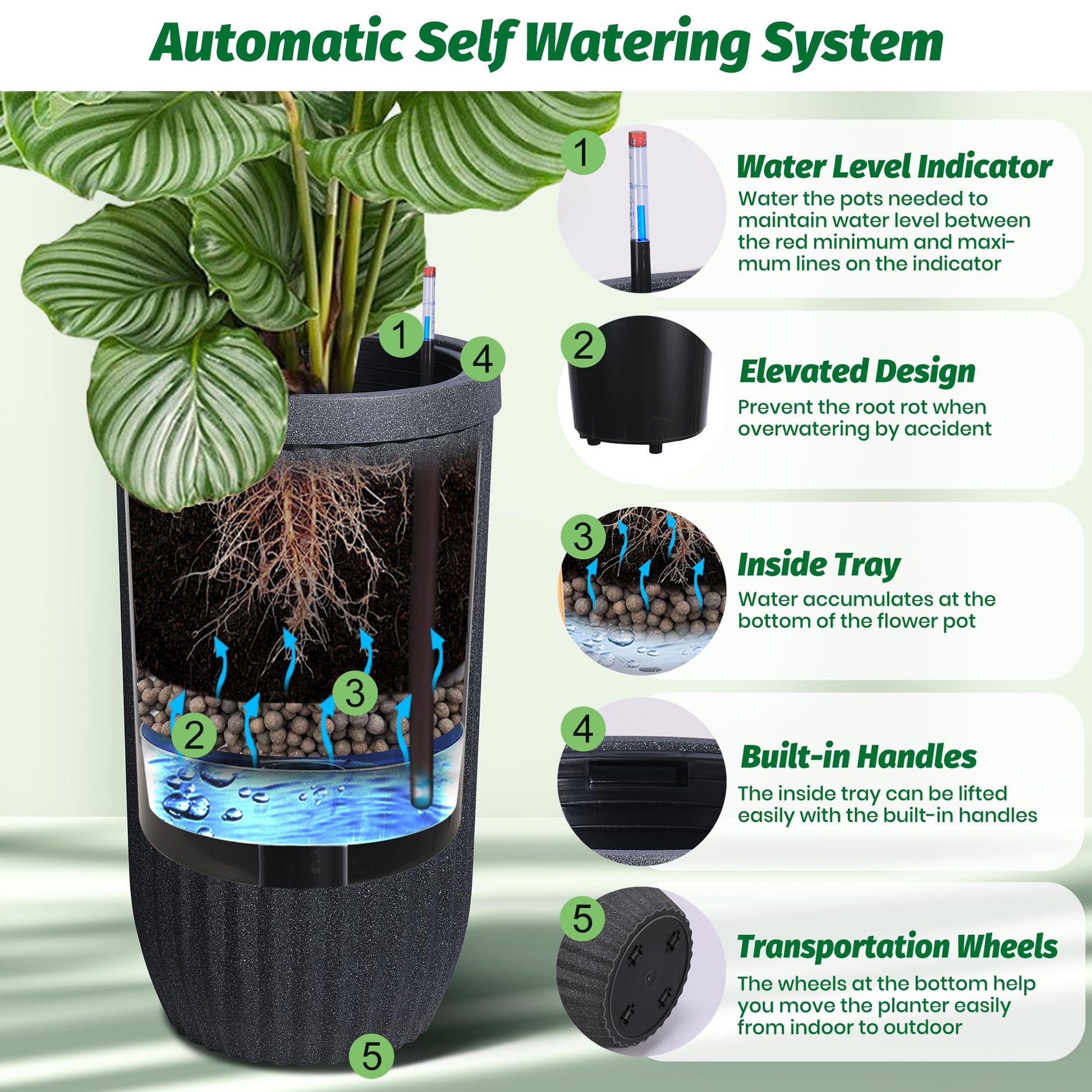 Garvee 31" Tall Black Planter with Water Level Monitor, Self-Watering System & Wheels - Medium Flower Pot for Living Room, Office, Patio & Garden