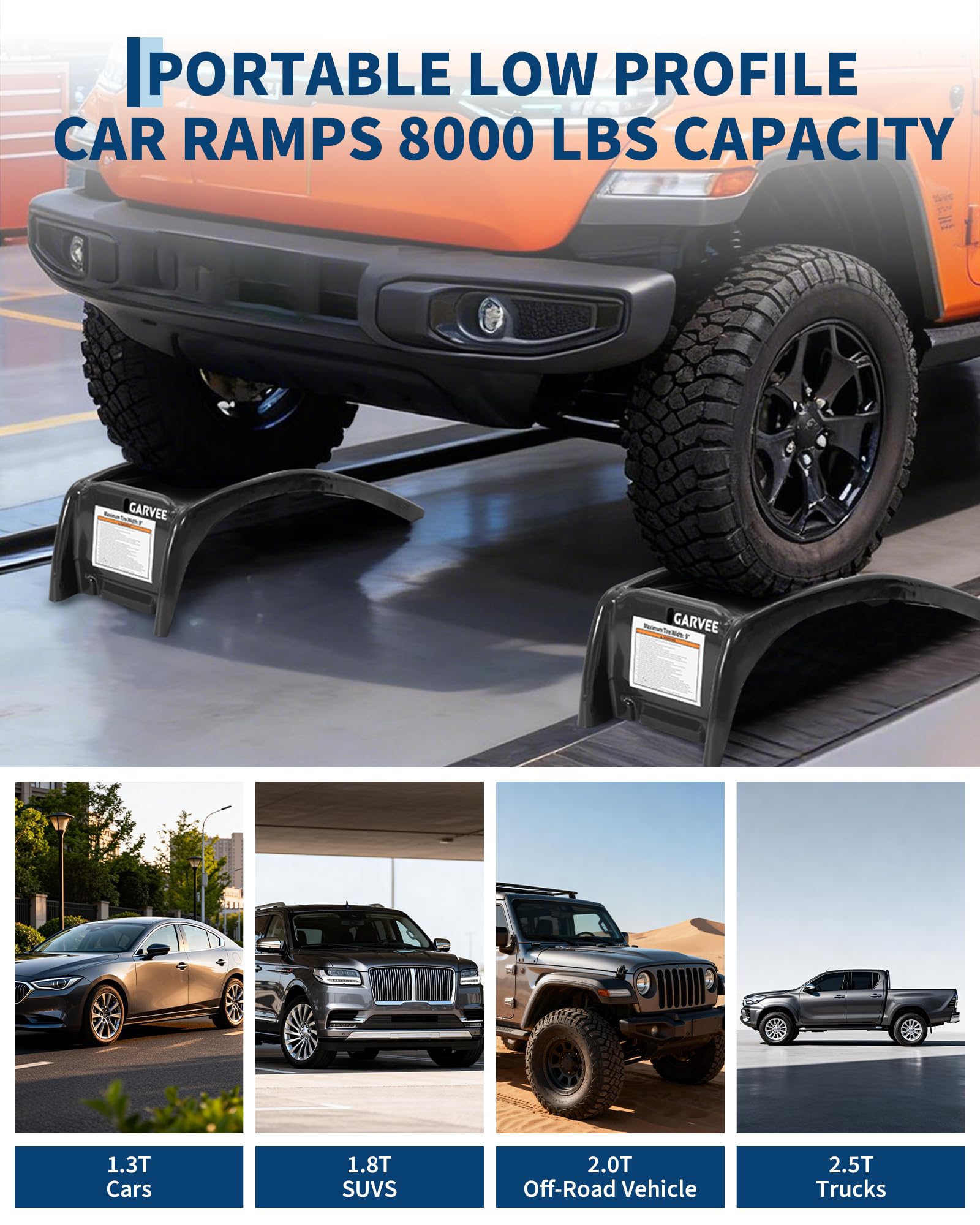 Garvee Heavy Duty 8 Inch Lift Sturdy Steel Car Ramps, 8000 lbs Capacity – Vehicle Service Ramps for Car, Truck, SUV – Oil Change, Repair, Maintenance – 2 Pack – Black