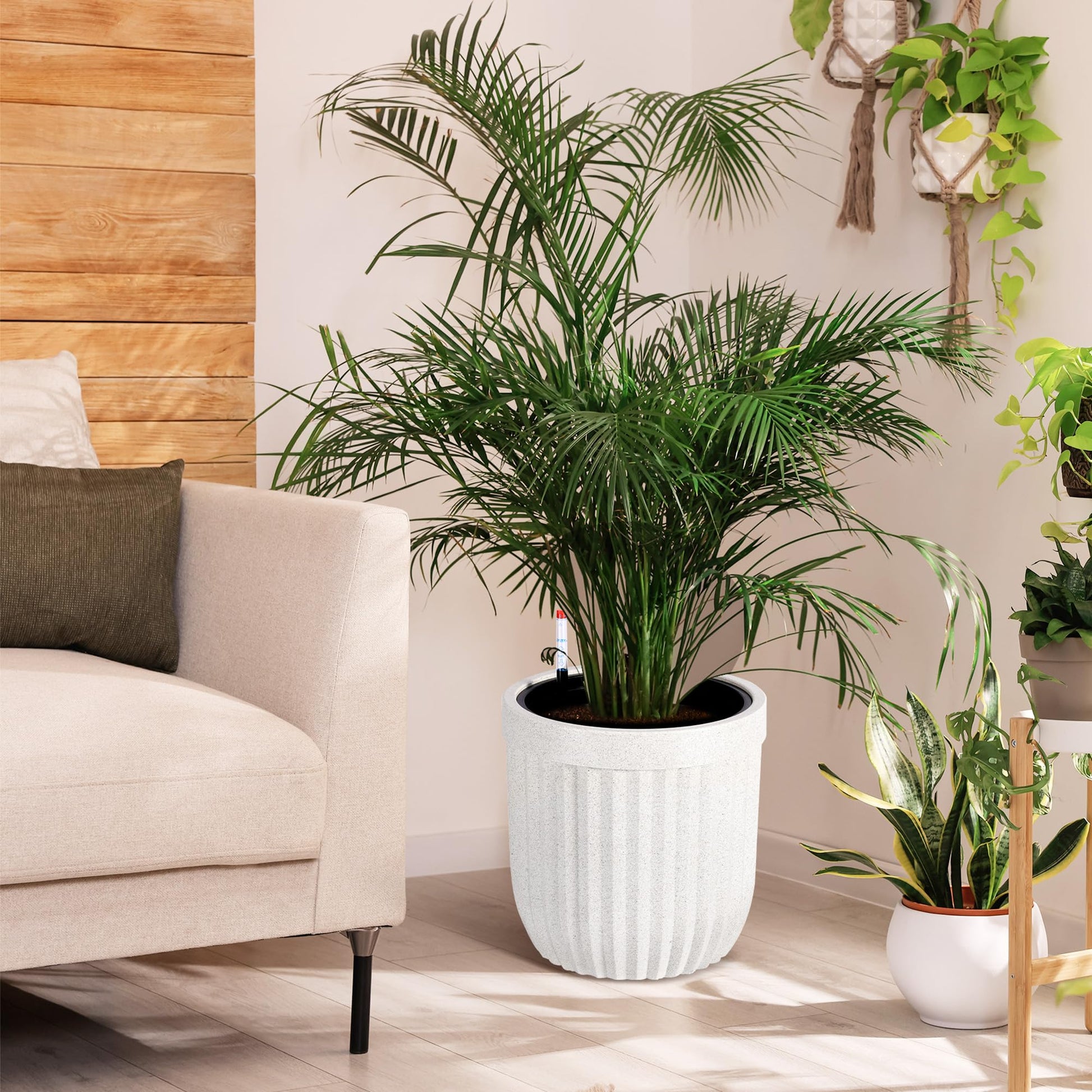 Garvee 14.5 Inch Tall Planters Set of 2 Flower Pots with a Water Level Monitor, Self Watering Insert and Hidden Wheels, Ideal for Living Room, Bedroom Office, Patio, Porch, Garden, White