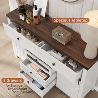 Garvee Farmhouse Buffet Cabinet, Kitchen Sideboard with Sliding Barn Doors, 5 Drawers, Wooden Storage Cabinet, Coffee Bar Station for Kitchen, Living Room, Dining Room, White