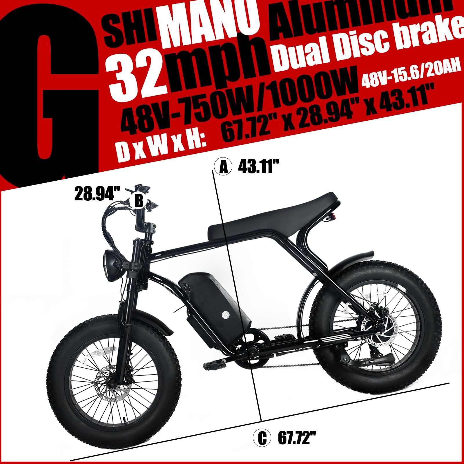 Garvee Electric Mountain Bike for Adults 20" x 4.0 Fat Tire, E-Bike 750W Motor 48V 15.6Ah Removable Battery, Max Speed 40MPH, Shi mano 7-Speed Adult Electric Bicycle for Off-Road Adventures, Black