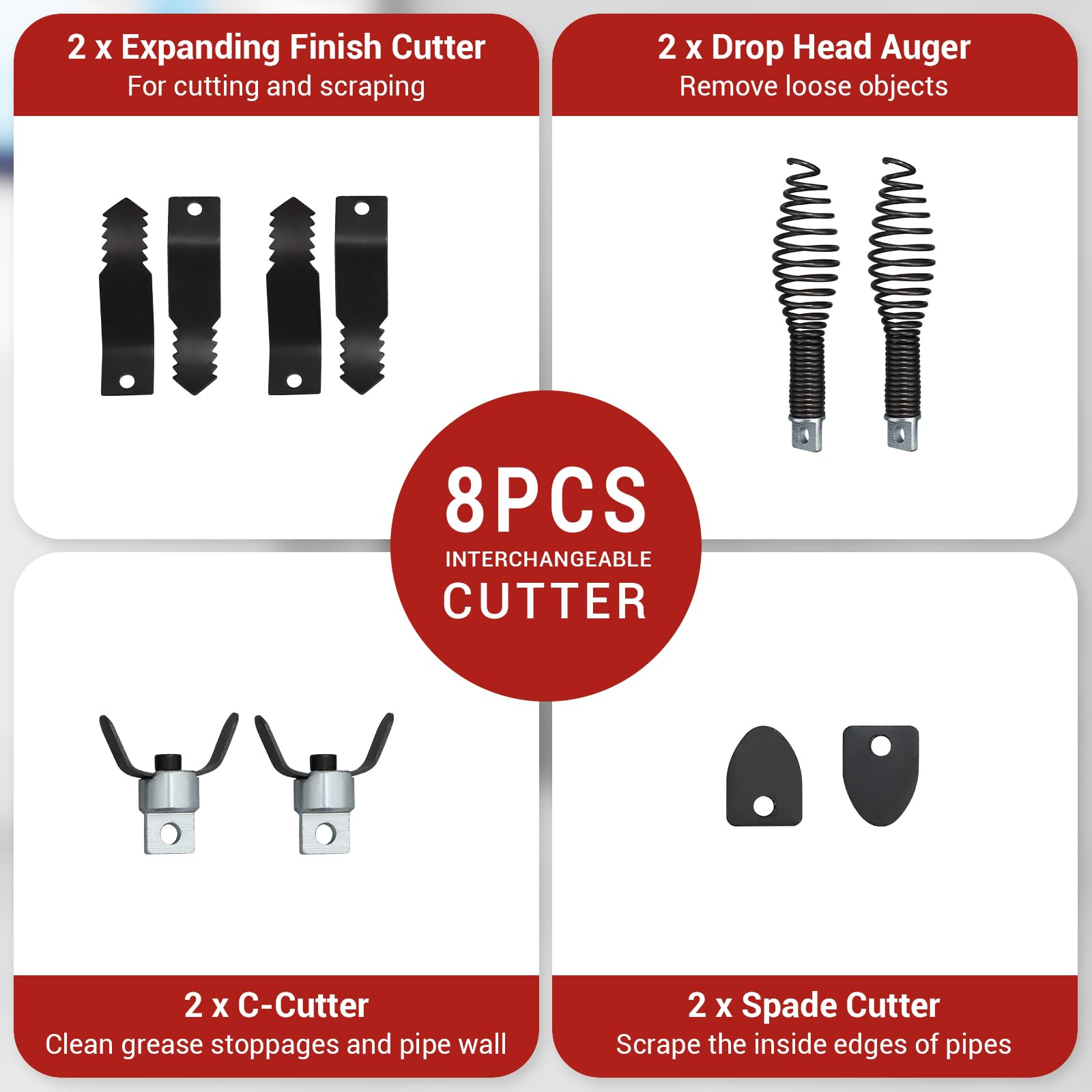 Garvee Auto Feed 100 FT x 3/8 Inch Drain Cleaner Machine with 250W Motor, Portable Sewer Snake Auger with 8 Cutters & Air-Activated Foot Switch, Fits 1" to 4" Pipes, Black & Red