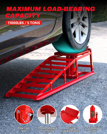 Garvee Hydraulic Car Ramps - 5T Capacity, Adjustable Height (9.3"-14"), Steel with Anti-Slip Plate, Ring Chain Bolt for Cars, SUVs, and Light Trucks, Red