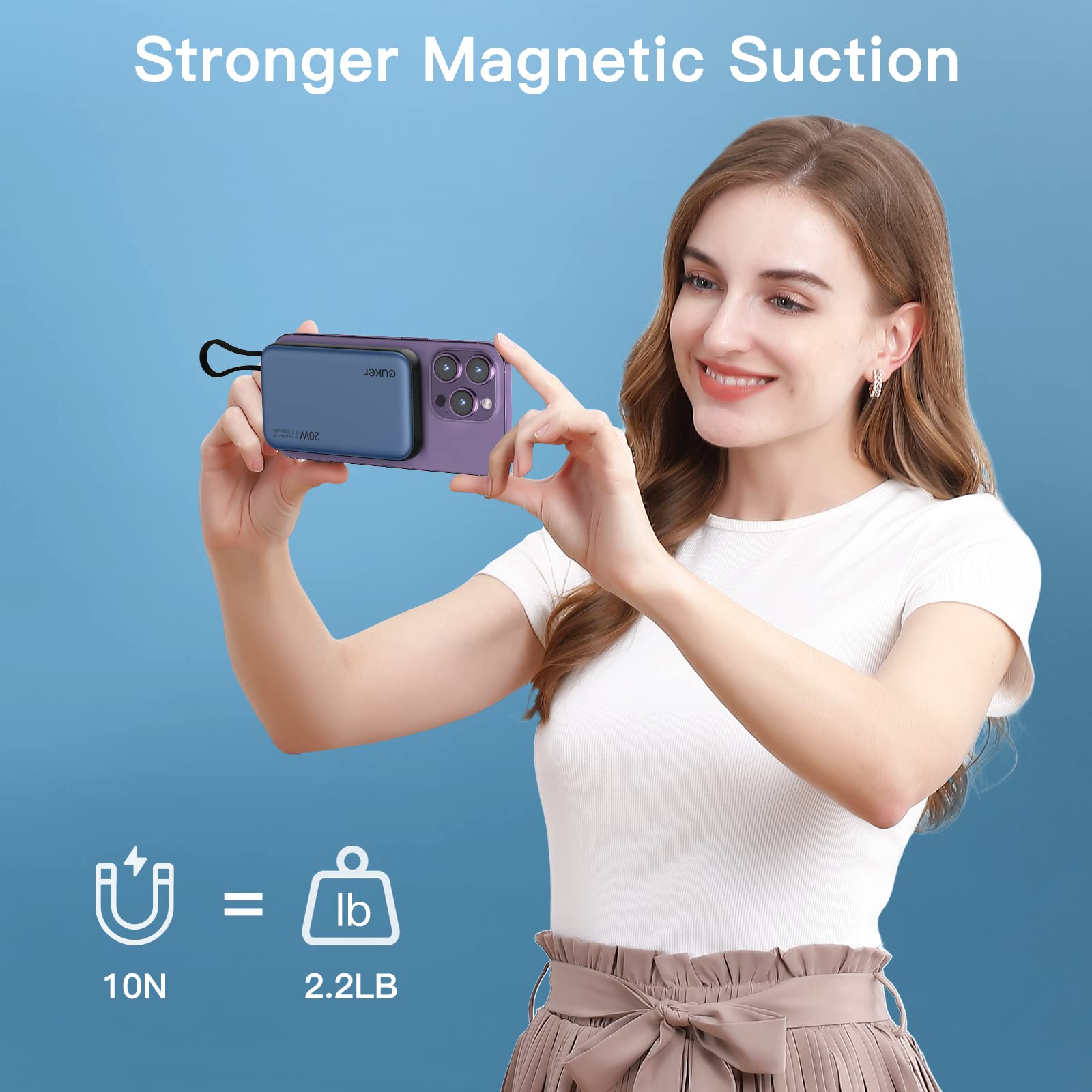 Garvee Wireless Portable Charger with Built in Cable， 10000mAh Magnetic Power Bank PD 20W Mag-Safe Battery Pack for iPhone 14/13/12