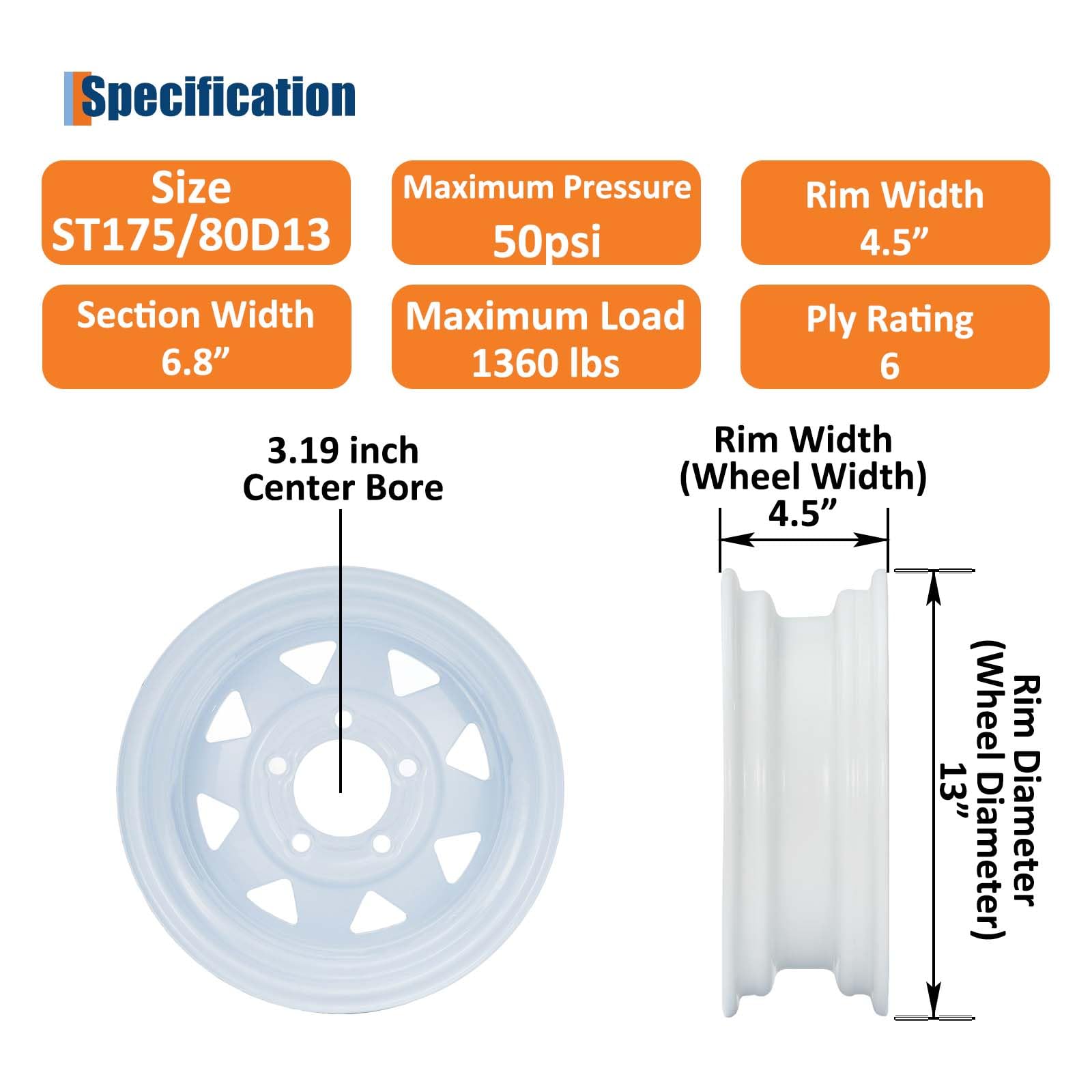 Garvee ST175/80D13 Trailer Tire and Wheel Assembly, Heavy-Duty Load Range C 6PR, 5 Lug White Modular Wheel, 13 Inch Tires for Utility and Boat Trailers, Set of 2
