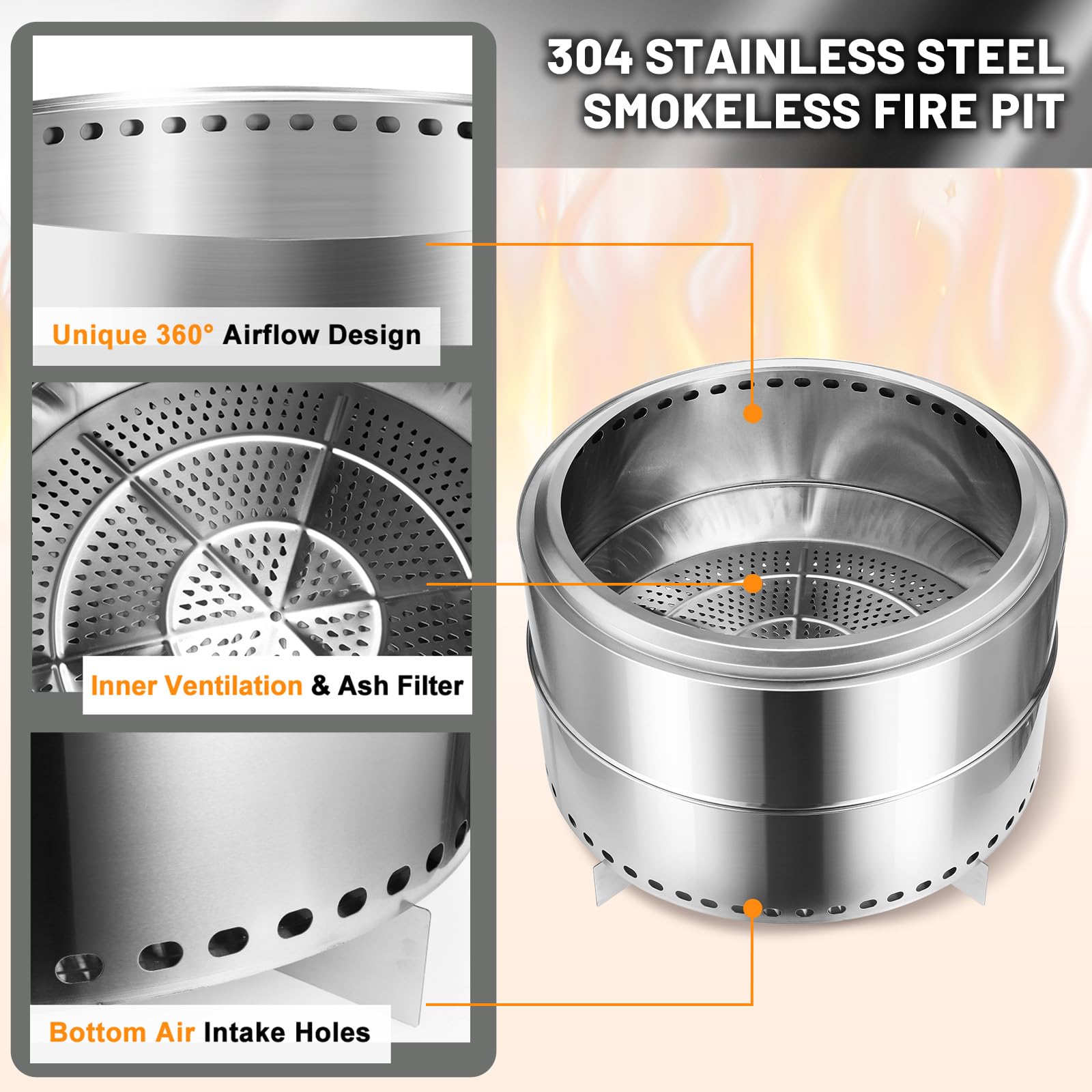 Garvee 27" Portable Smokeless Firepit with Stand - Stainless Steel Wood Burning Bonfire Fire Pit for Camping & Picnic, Large with Carry Bag & Split Structure