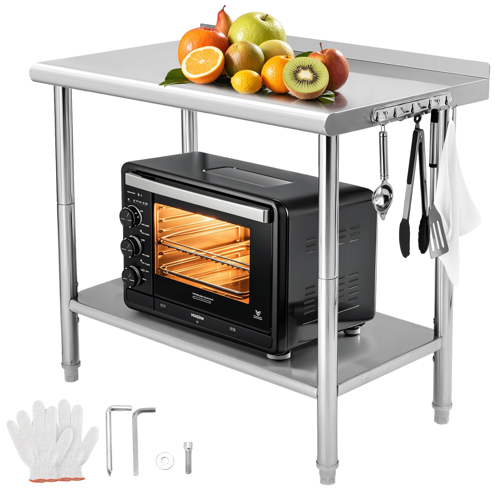 Garvee 36"L x 24"W x 35"H Stainless Steel Table for Prep & Work with Backsplash, Commercial Metal Kitchen Prep Table with Hooks and Adjustable Shelf, Heavy Duty Table for Home Garage Restaurant