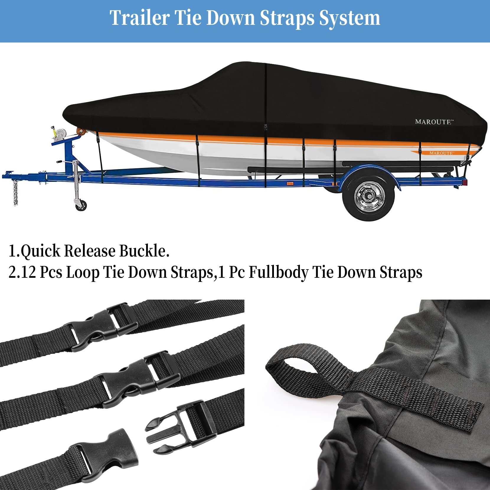 Garvee Heavy Duty 300D Marine Grade Waterproof Polyster Canvas,PU Waterproof Boat Cover,Fits 17-19ft V-Hull, Tri-Hull, Fishing Boat, Runabout, Bass Boat with Tightening Straps