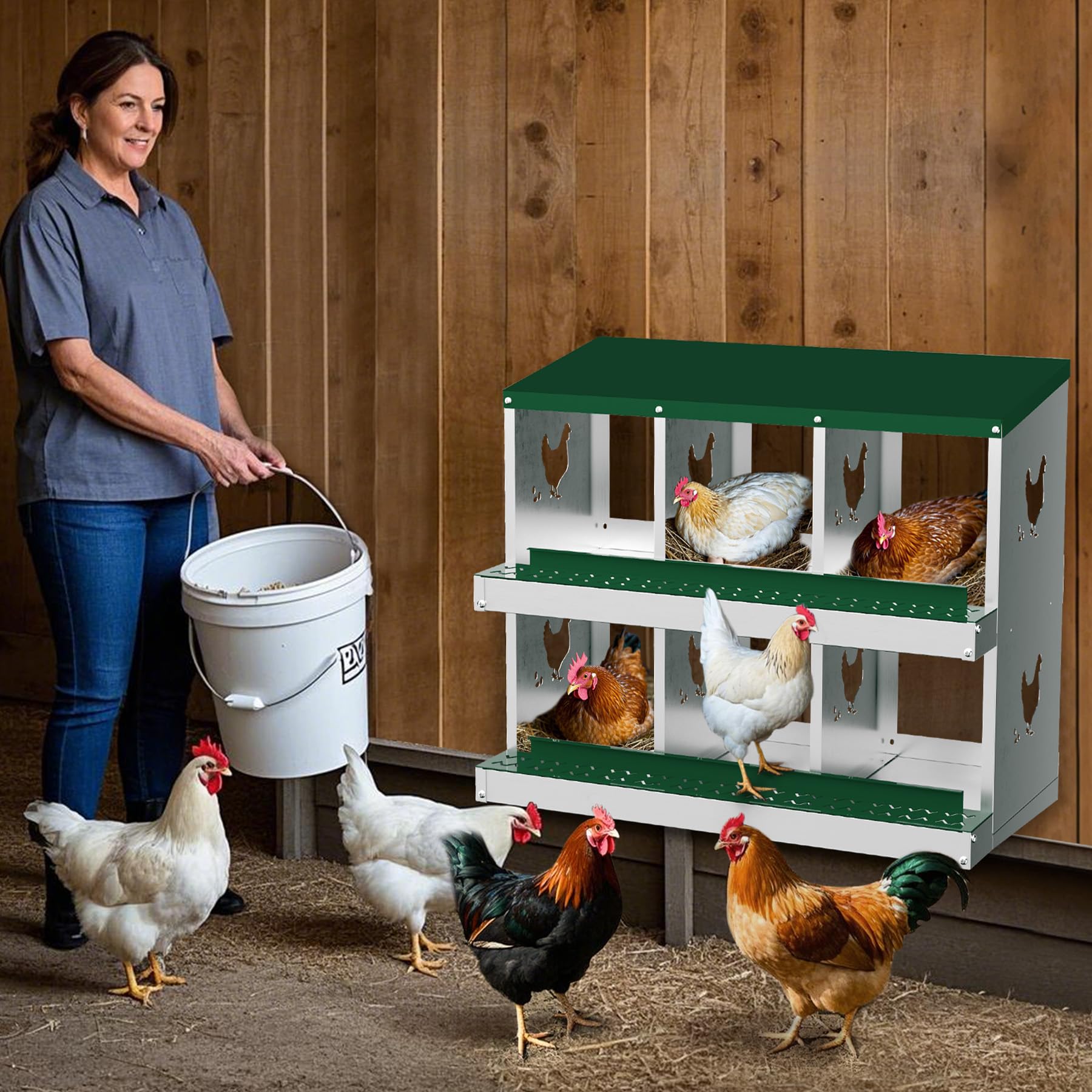 Garvee 6 Compartments Metal Chicken Nesting Boxes, Nesting Boxes, Chicken Laying Box with Roll Out Egg Collection with Vented Holes, Green