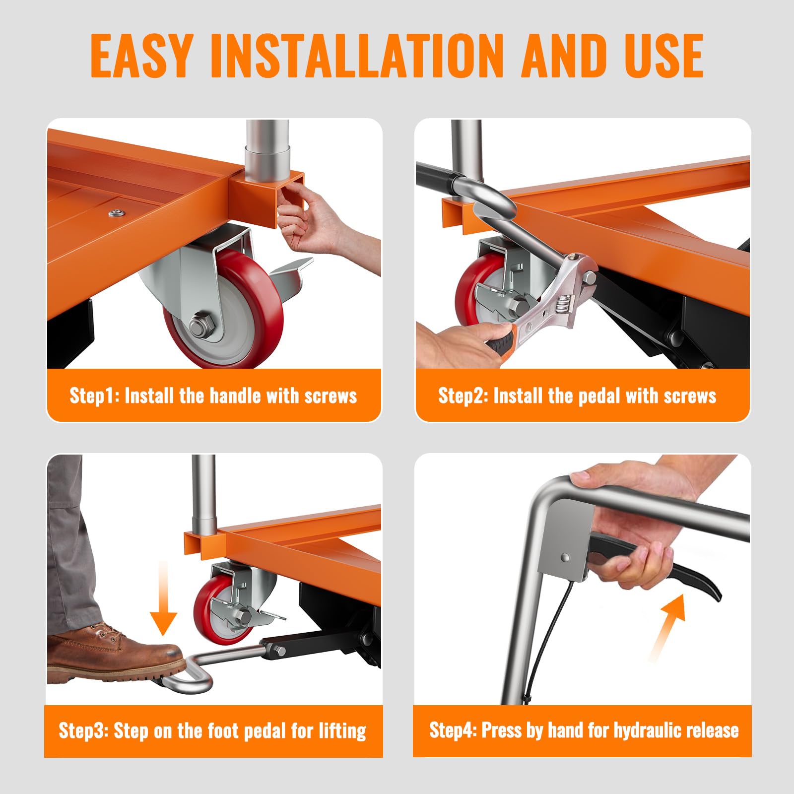 Garvee 770lbs Capacity Hydraulic Lift Table Cart, 14"-59" Lifting Height Manual Double Scissor Table Lift Cart with Non-Slip Pad for Material Handling and Transportation - Orange