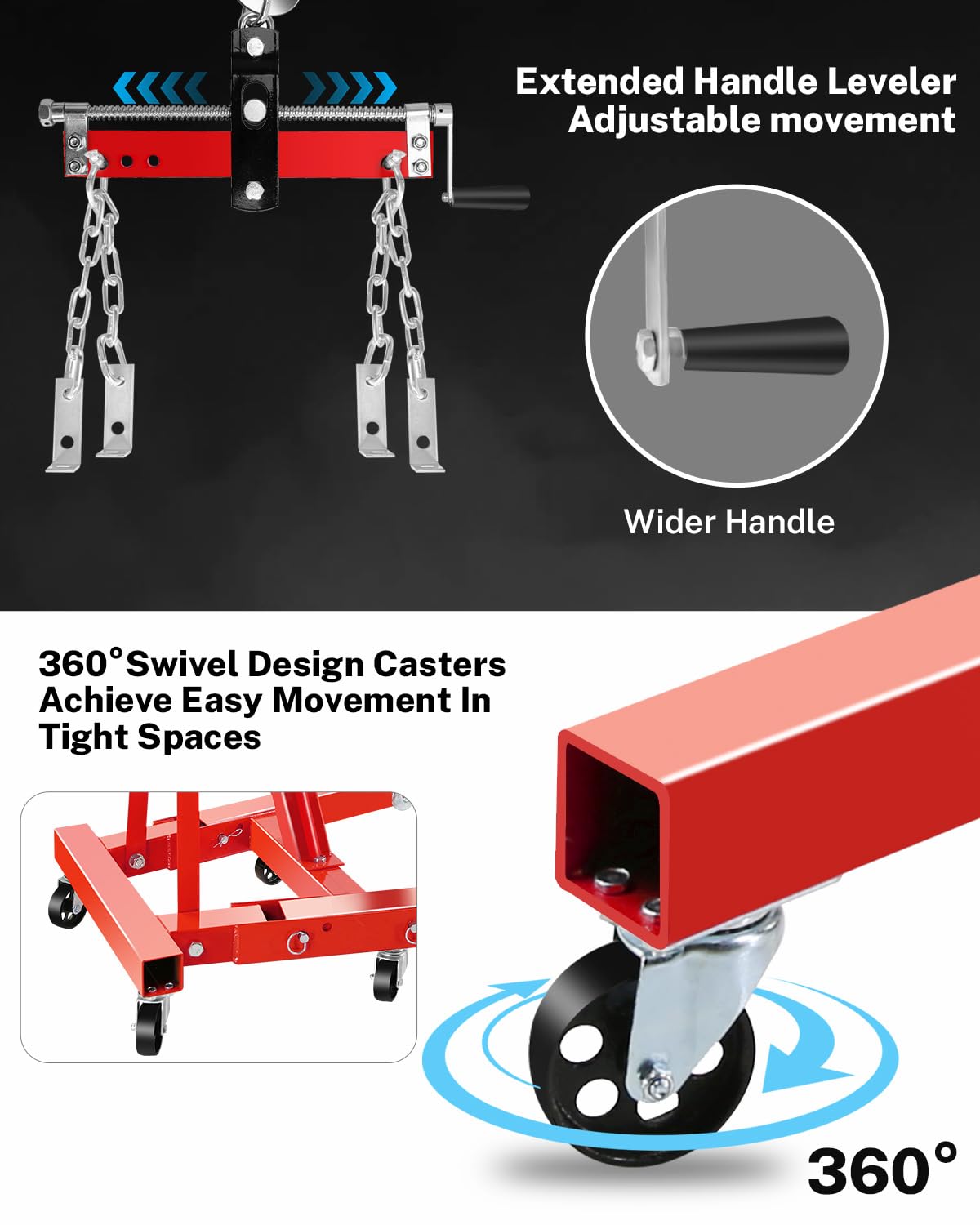 Garvee 2-Ton Hydraulic Engine Hoist Crane with 6-Wheel Stability, Folding Design, Military-Grade Steel, Locking Brakes, Adjustable Boom - Garage & Workshop, Red
