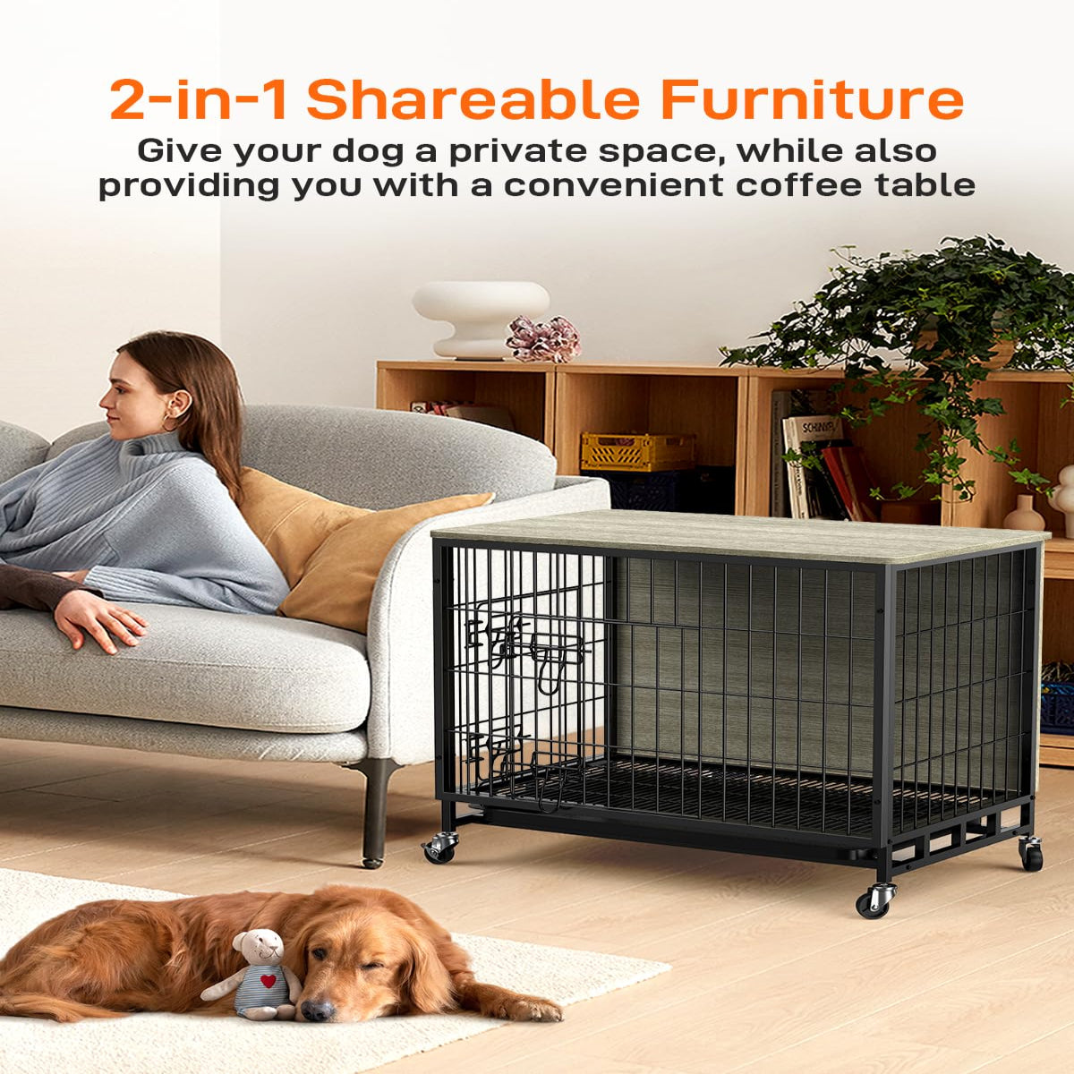 Garvee Dog Crate Furniture, 38.6" Dog Kennel Indoor Double Doors Wooden Dog Cage Crate with Pull-Out Tray & Removable Wheels, Decorative End Table Pet House Chew-Resistant for Large Dog, Grey
