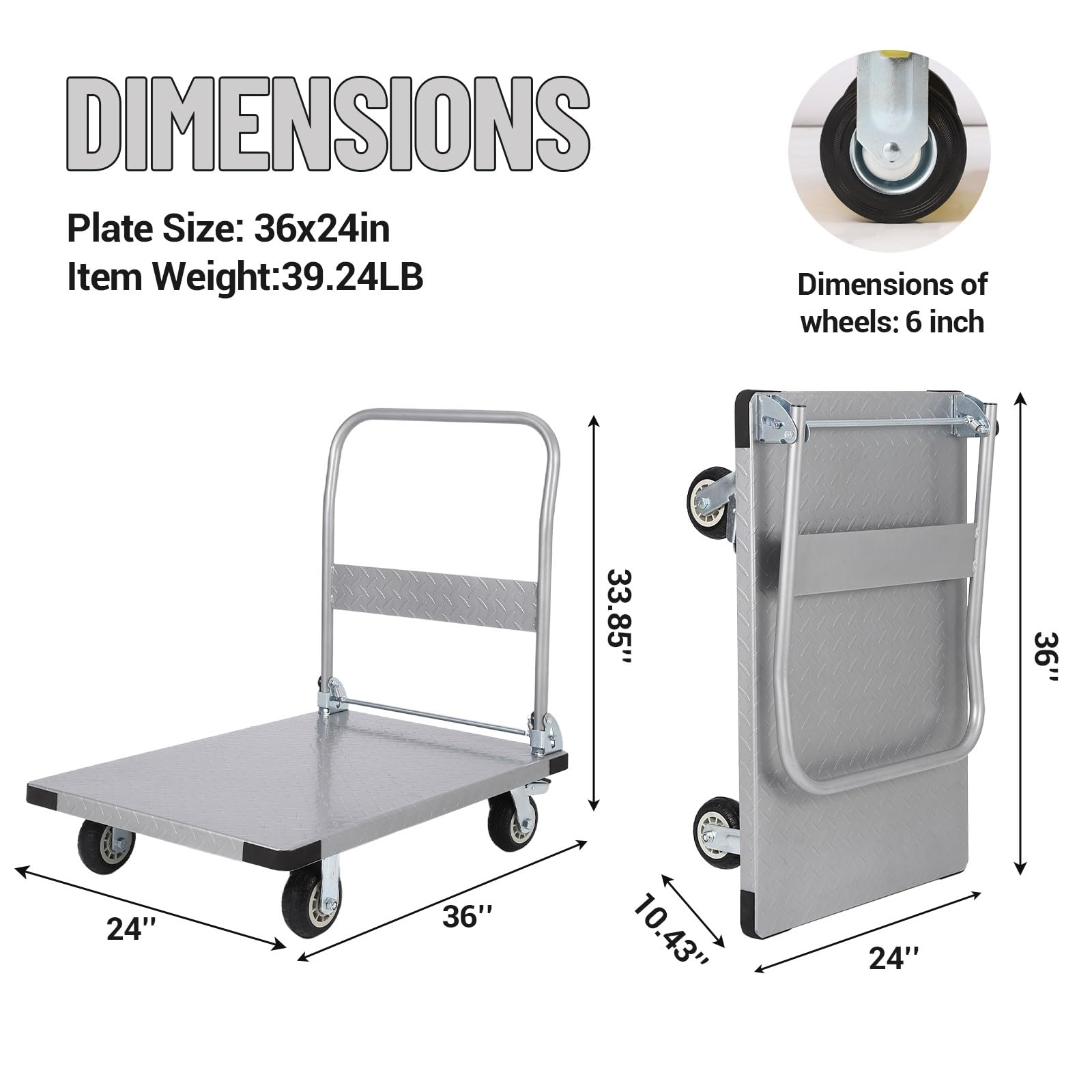 Garvee Platform Truck Cart 2000 LBS Load Capacity, Foldable Steel Hand Push Dolly with 6" TPR Brake Wheels, Heavy Duty Flatbed Hand Cart 36" x 24" for Loading and Moving, Home Office Warehouse